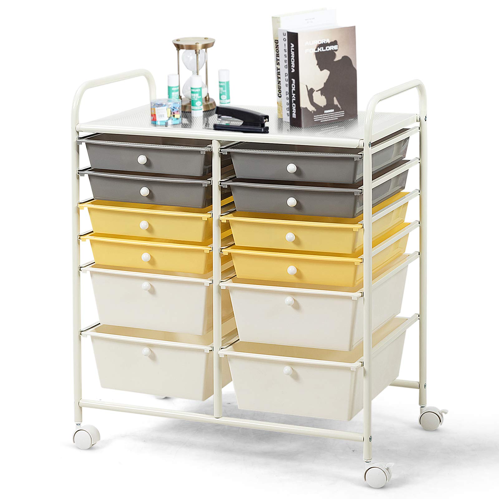 RELAX4LIFE 12-Drawer Rolling Storage Cart with Wheels - Mobile Craft Organizer for Art Supplies, Office, School & Beauty Salon | Yellow Utility Cart for Home, Classroom & Salon Organization