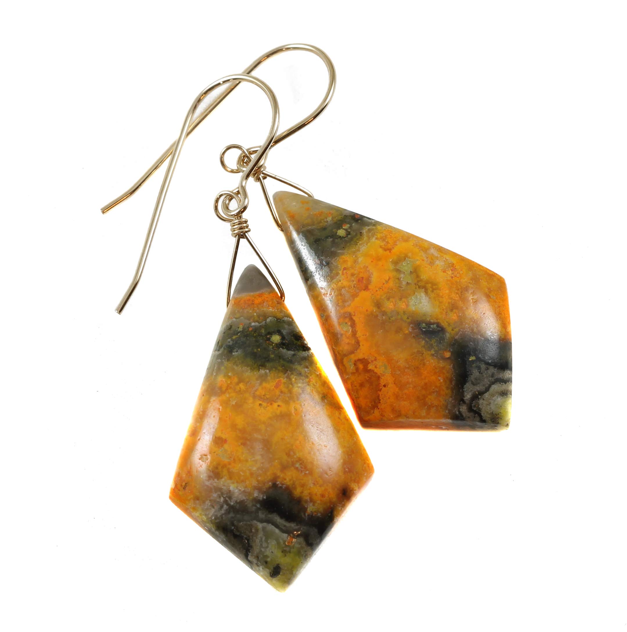 Bumble Bee Jasper Earrings - Large Pointed Triangle Teardrop Dangle Earrings - Smooth Cut Yellow Orange Gemstone Jewelry - Perfect for Boho, Hippie & Festival Fashion