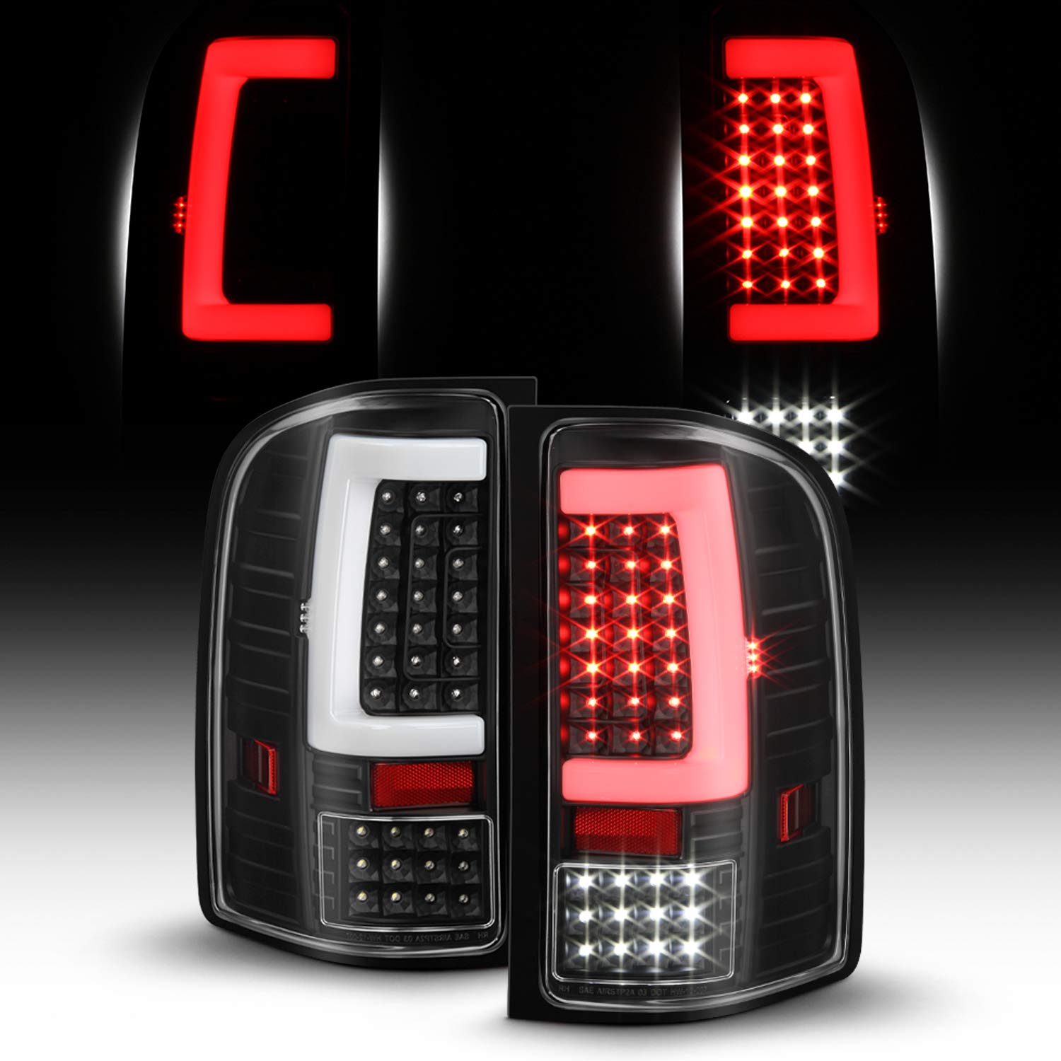 AKKON LED Tail Brake Lights for 2007-2013 Chevy Silverado 1500 2500HD 3500HD & GMC Sierra 3500HD - Sequential Turn Signal Black C-Tube Light Bar Pair - Upgrade Your Truck's Rear Lighting for Better Visibility and Style