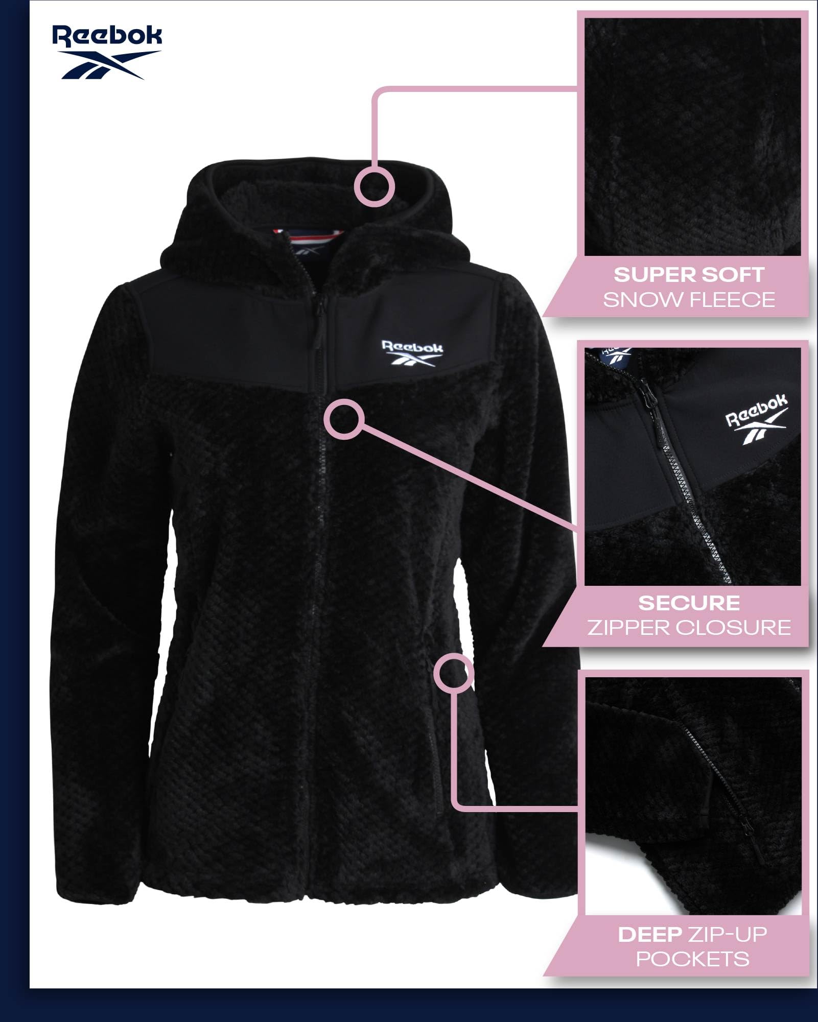 Reebok Women's Fleece Zip-Up Hooded Jacket - Warm Winter Coat with Insulation for Cold Weather - Snow Jacket for Women (S-XL) - Perfect for Outdoor Activities, Skiing & Casual Wear