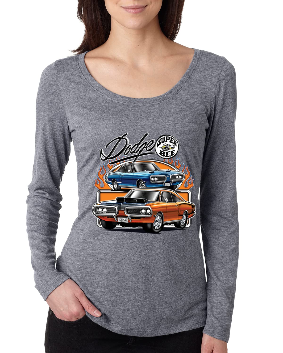 Flaming Dodge Super Bee Muscle Car Women's Scoop Neck Long Sleeve T-Shirt - Vintage American Muscle Car Apparel for Casual Wear & Car Enthusiast Outfits