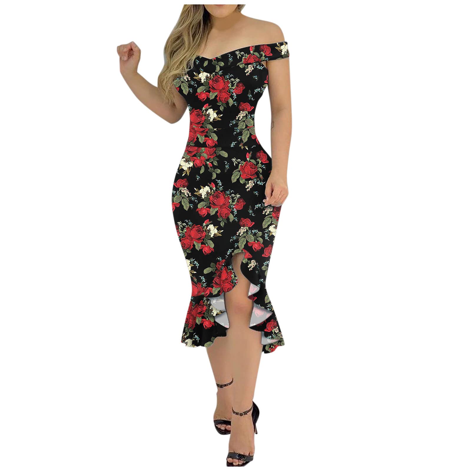 Tsmile Women's Summer Beach Dress - Floral Print Loose Shoulder Ruffle Slit Maxi Dress for Casual, Vacation & Outdoor Activities