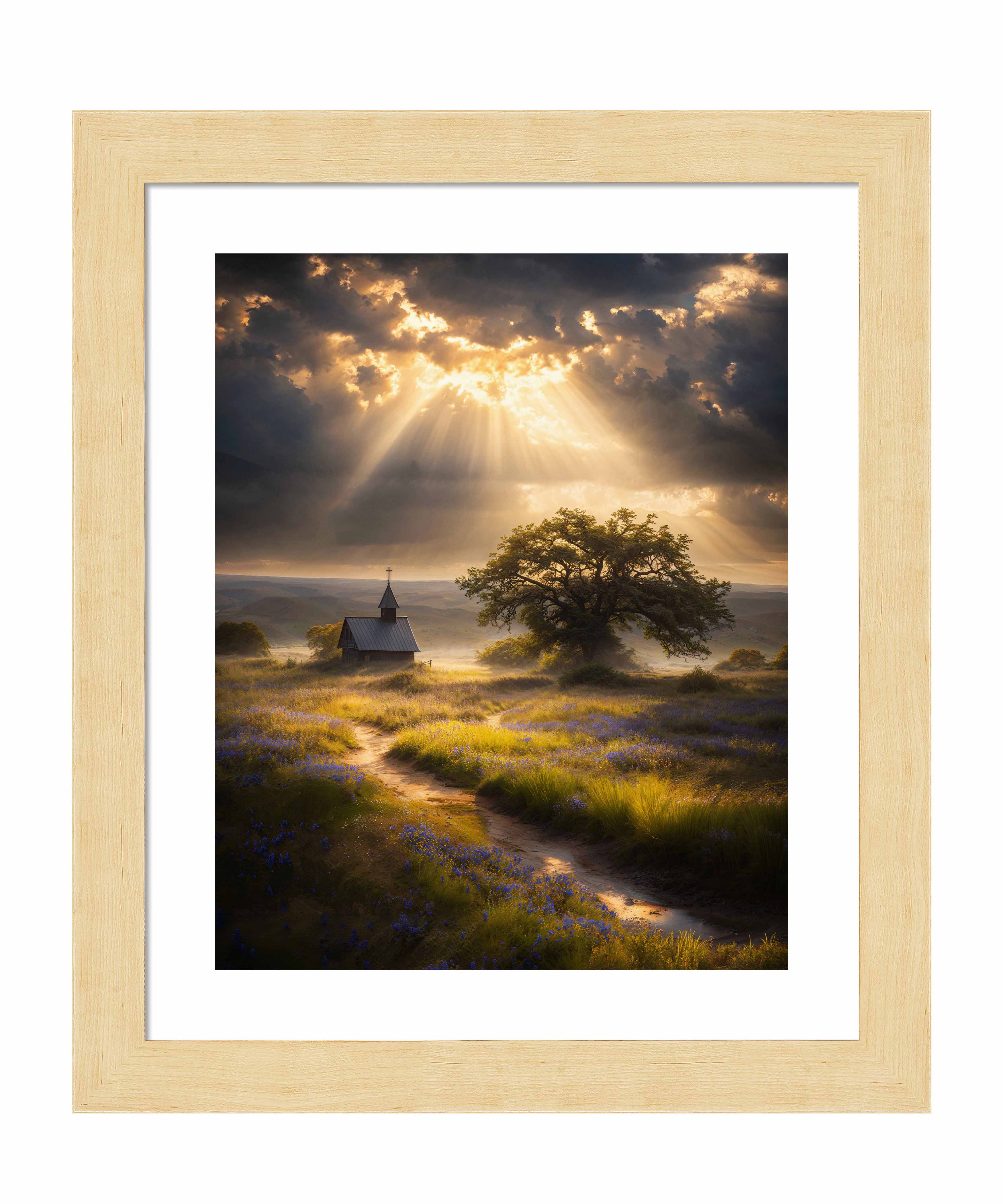 Celestial Rays Over Lone Star Landscape Art Print - Stunning Wall Decor for Living Room, Bedroom & Office