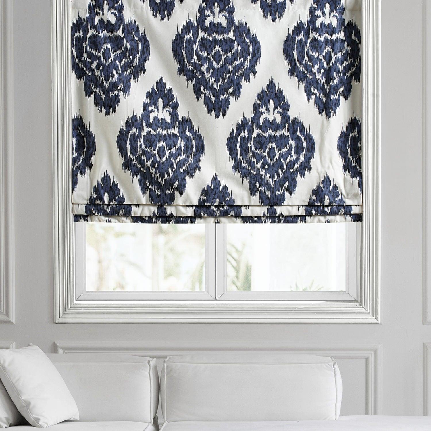 Blue Ikat Damask Printed Cotton Roman Shade - Elegant Window Treatment for Living Room & Bedroom Decor