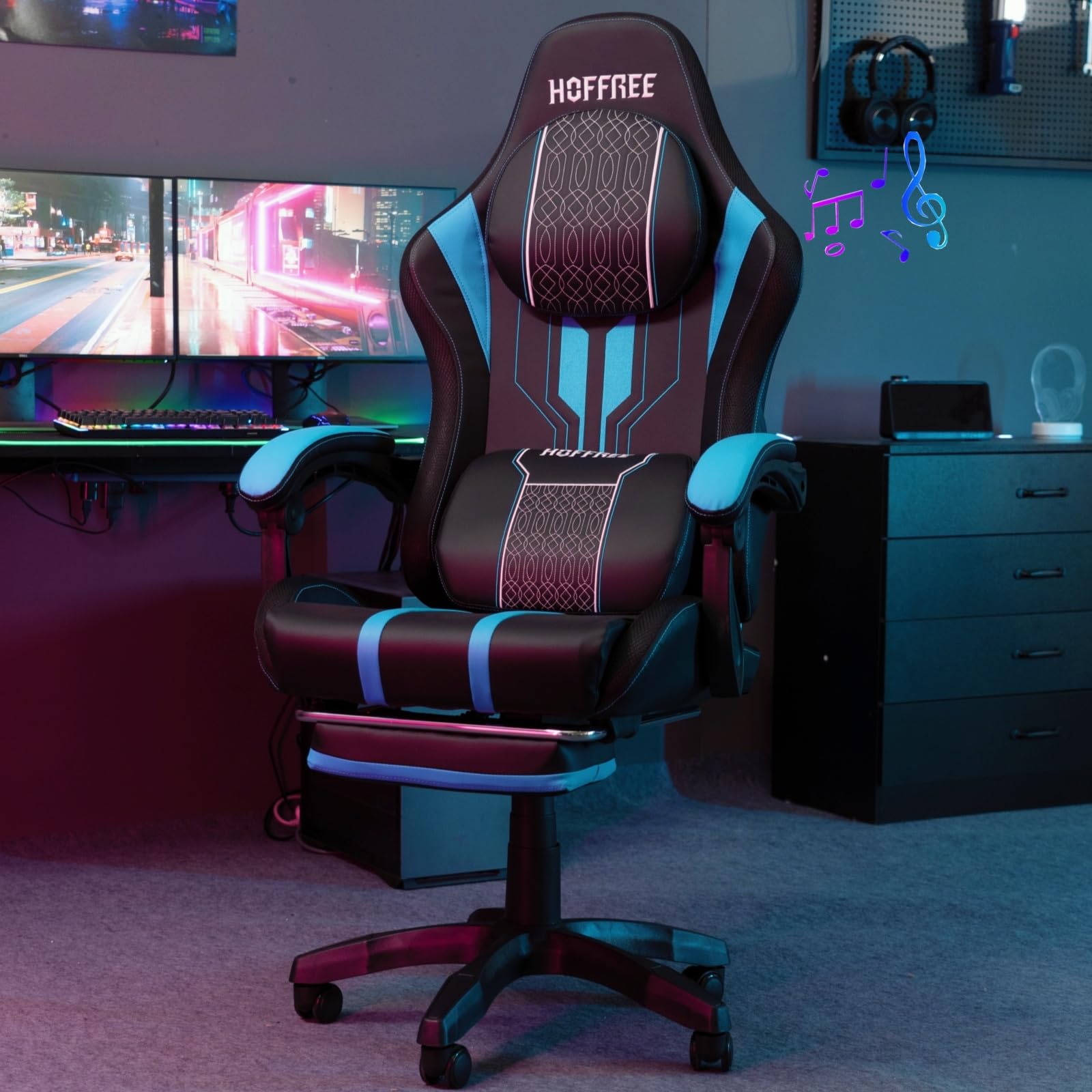 HOFFREE Ergonomic Gaming Chair with Built-in Bluetooth Speakers & Massage - Big and Tall Reclining Office Chair with Footrest, 400lbs Weight Capacity (Blue & Black) - Perfect for PC Gaming, Home Office & Streaming Setup
