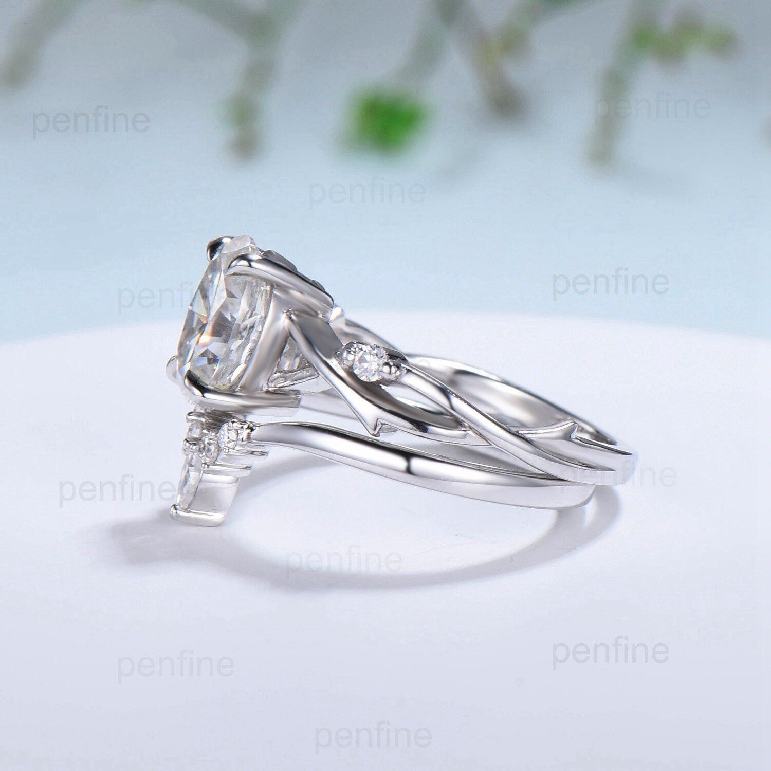 1.5CT Oval Brilliant Moissanite Engagement Ring Set in 14K White Gold - Nature Inspired Branch Design Vintage Bridal Wedding Ring Set for Her - Perfect for Proposals, Anniversaries & Special Occasions
