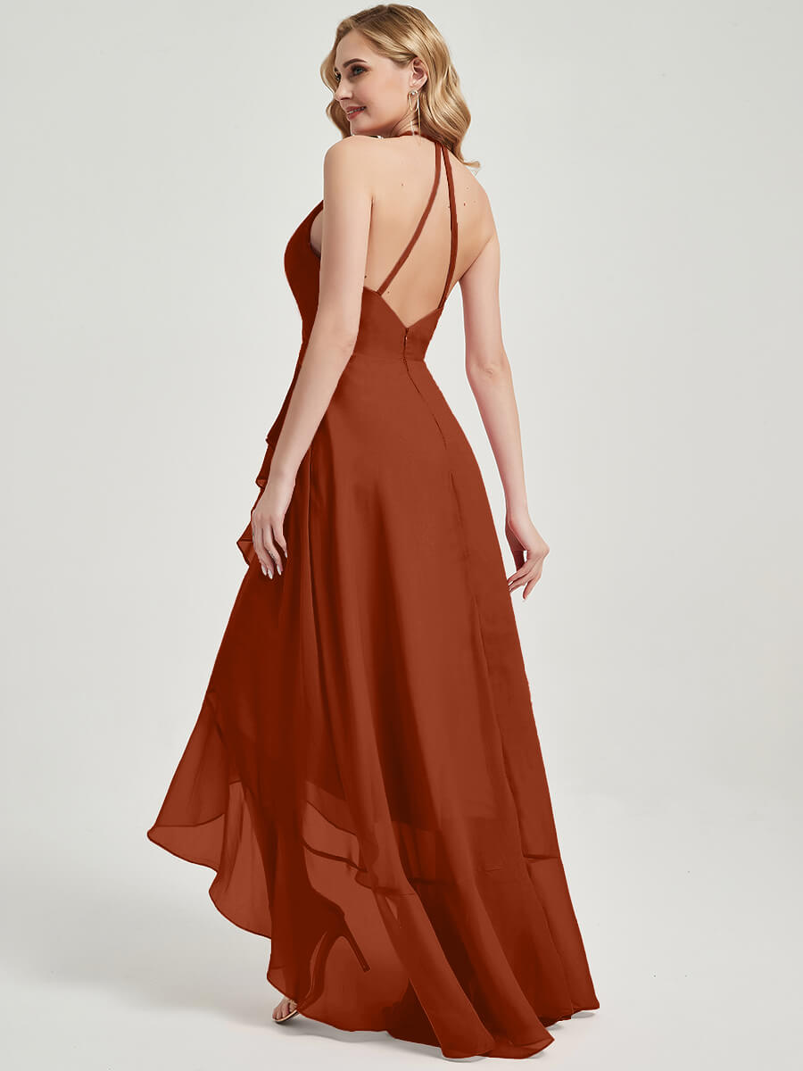 Elegant Burnt Orange Chiffon Halter V-Neck Backless High-Low Bridesmaid Dress - Perfect for Weddings, Parties & Special Occasions