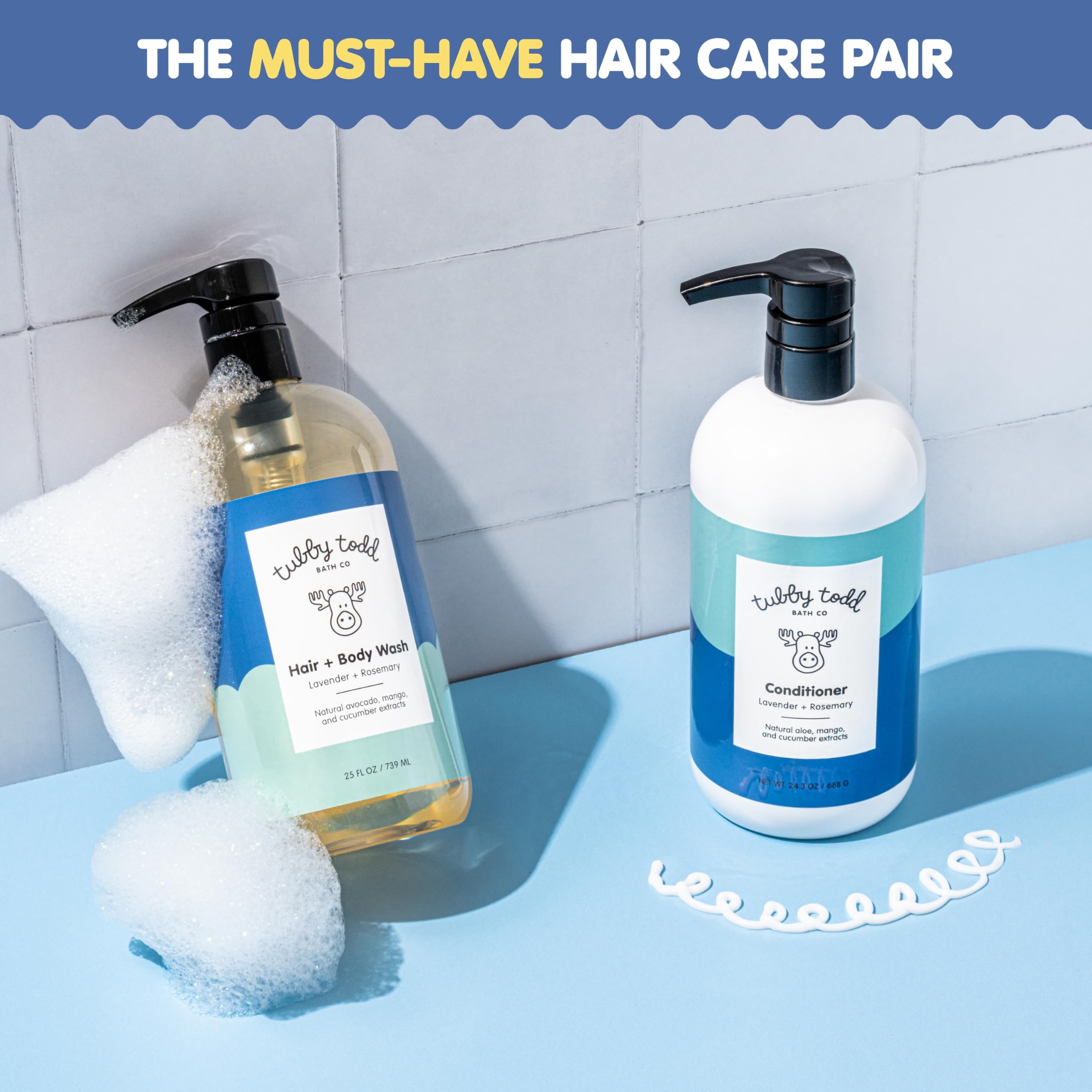 TUBBY TODD Baby Shampoo and Conditioner Set - Gentle Moisturizing Hair Care for Newborns, Toddlers & Kids - Hypoallergenic & Non-Irritating - 25 Fl Oz & 24.3 Fl Oz - Lavender Rosemary Scent - Perfect for Daily Bath Time and Sensitive Skin Care