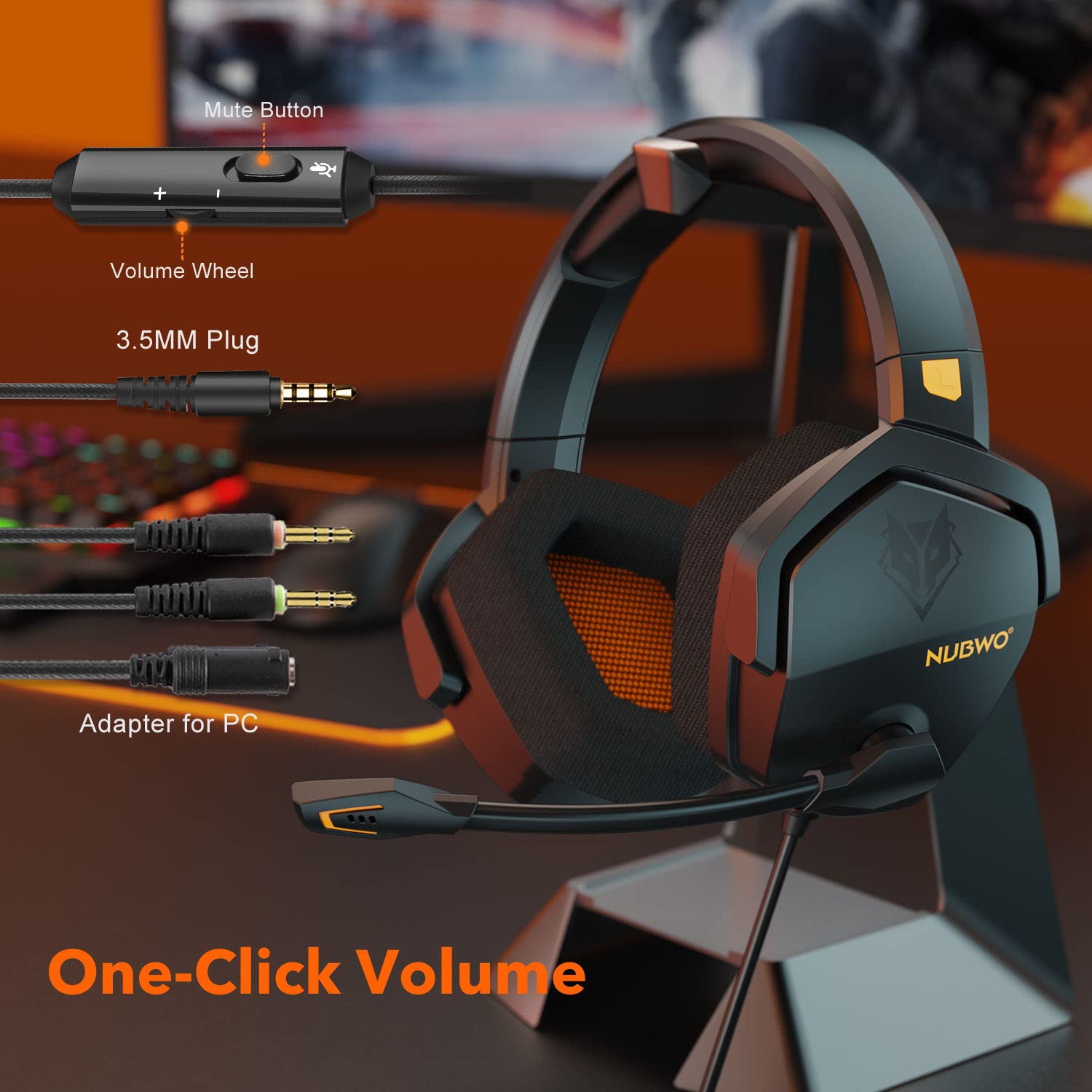 NUBWO Gaming Headset for PS4, PS5, PC, Xbox One - Over-Ear Headphones with Noise Cancelling Mic for Laptops & Console Gaming (Orange) - Perfect for Competitive Gaming, Streaming & Online Meetings