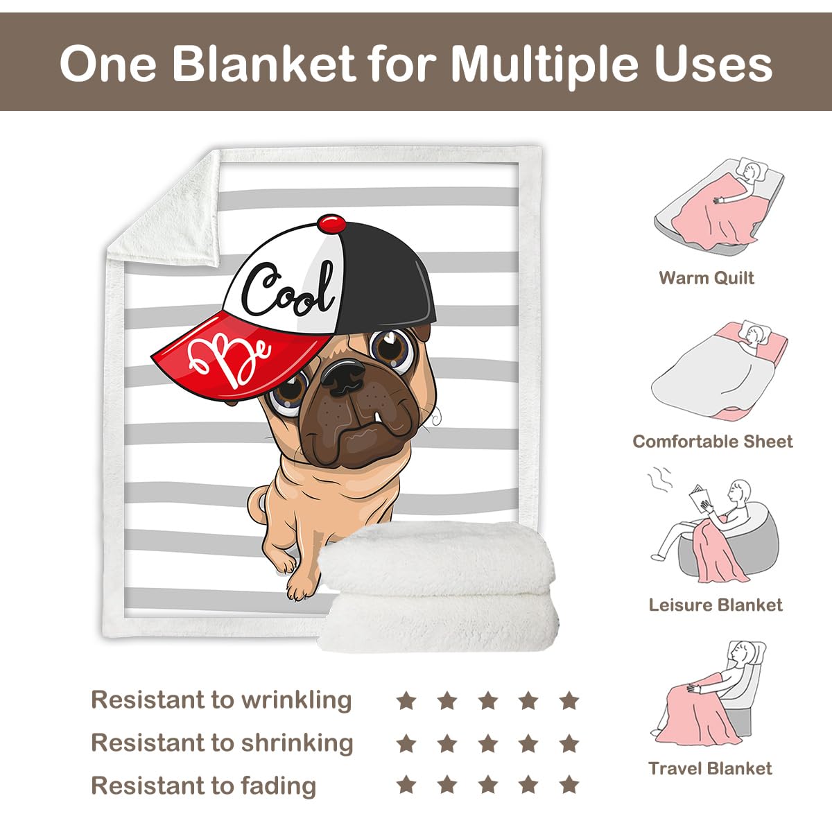Sleepwish Reversible Pug Fleece Blanket - Gray Striped Sherpa Dog Blanket with Cap | Ultra Soft Cute Animal Throw for Couch, Bed & Chair | Twin Size 60x80 Inches | Perfect for Home Decor, Gift Giving & Cozy Winter Nights