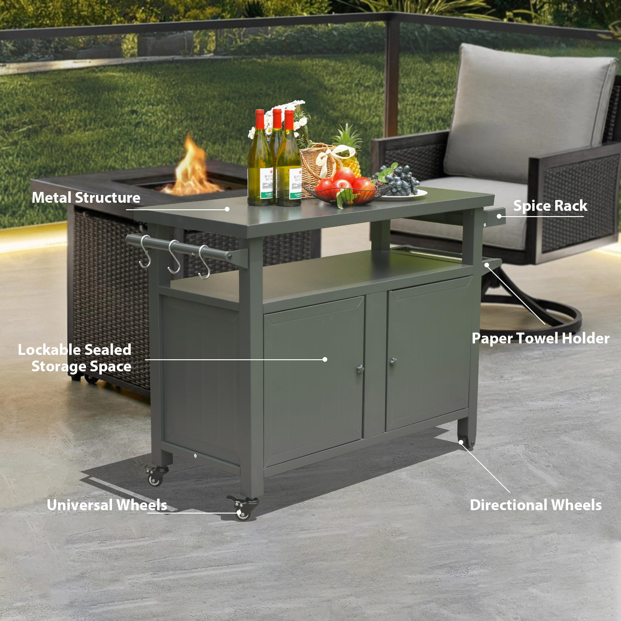 Premium Outdoor Grill Cart with Wheels - Heavy Duty Metal BBQ Prep Table, Kitchen Island & Dining Station for Patio, Backyard, Home Party & Bar Use (Grey) - Ideal for Grilling, Food Prep & Outdoor Entertaining