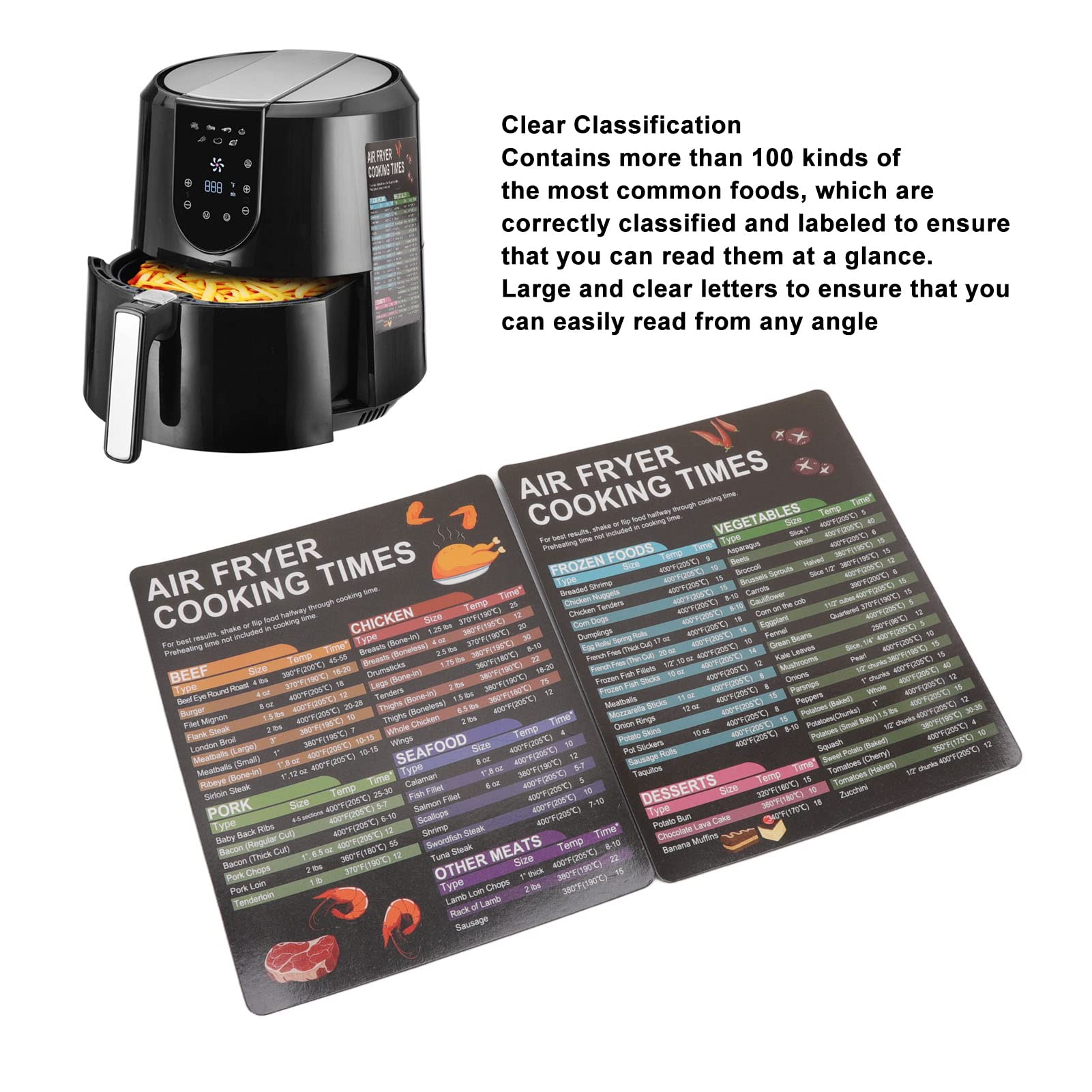 Air Fryer Magnetic Cheat Sheet Set - Cooking Times Chart & Recipe Guide | Perfect for Air Fryer Oven, Cooking Pot & Kitchen Appliances | Quick Reference for Meat Temps & Easy Meal Prep