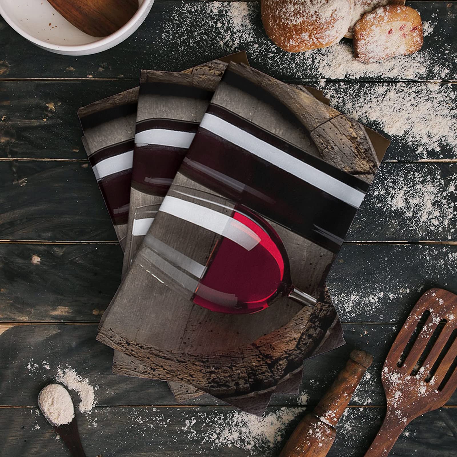 Premium Absorbent Microfiber Kitchen Towels Set of 4 - Ultra Soft Reusable Dish Cloths for Washing Dishes, Nonstick Oil & Spills - Decorative Bar Towels for Kitchen, Bathroom & Wine Bar Use - Washable & Durable Tea Towels with Wooden Barrel Art Design