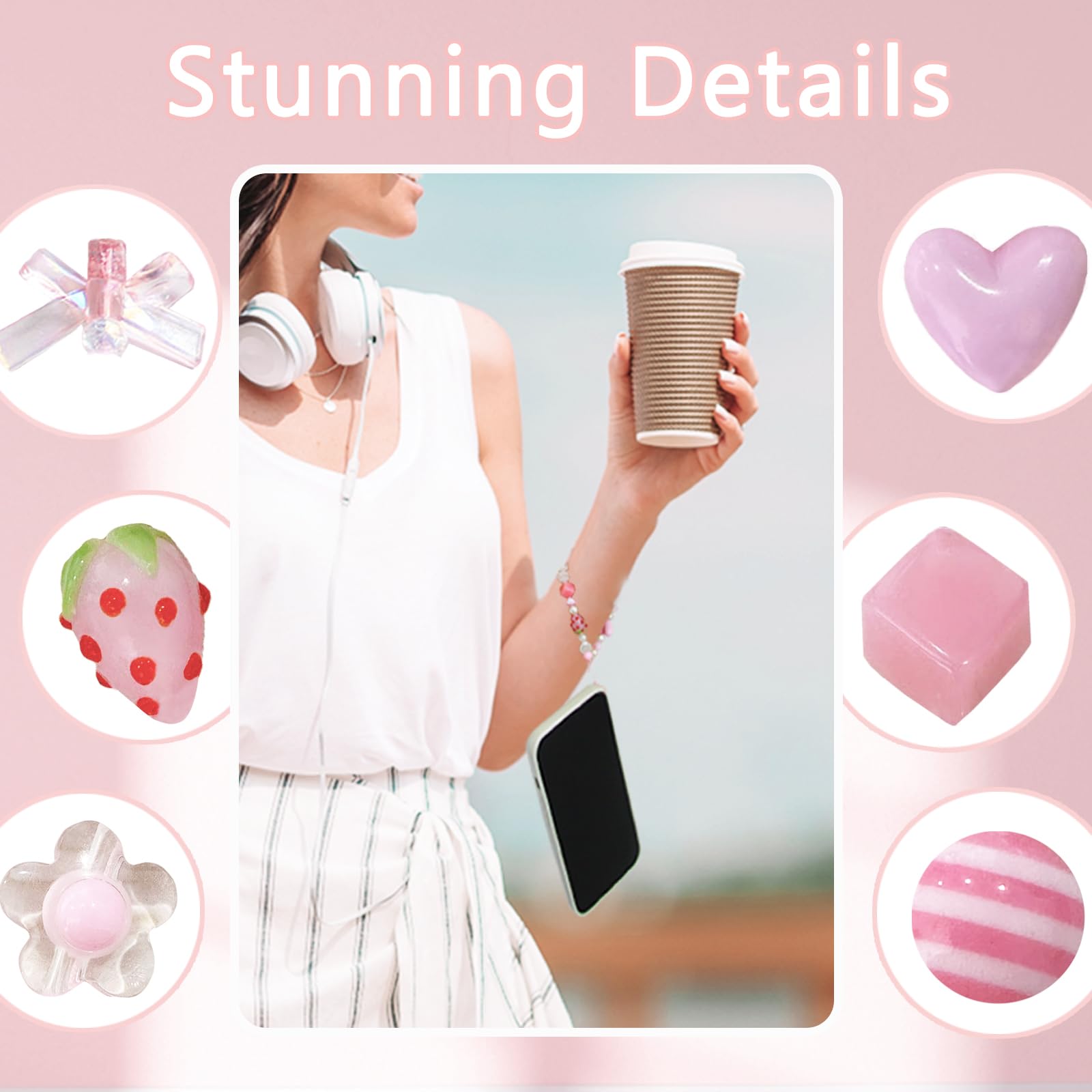 Cute Kawaii Strawberry Phone Charms with Bowknot Heart - Pink/White Beaded Phone Strap for iPhone, AirPods & Keys - Aesthetic Accessory for Girls, Teens & Women | Perfect for School, Work & Daily Use