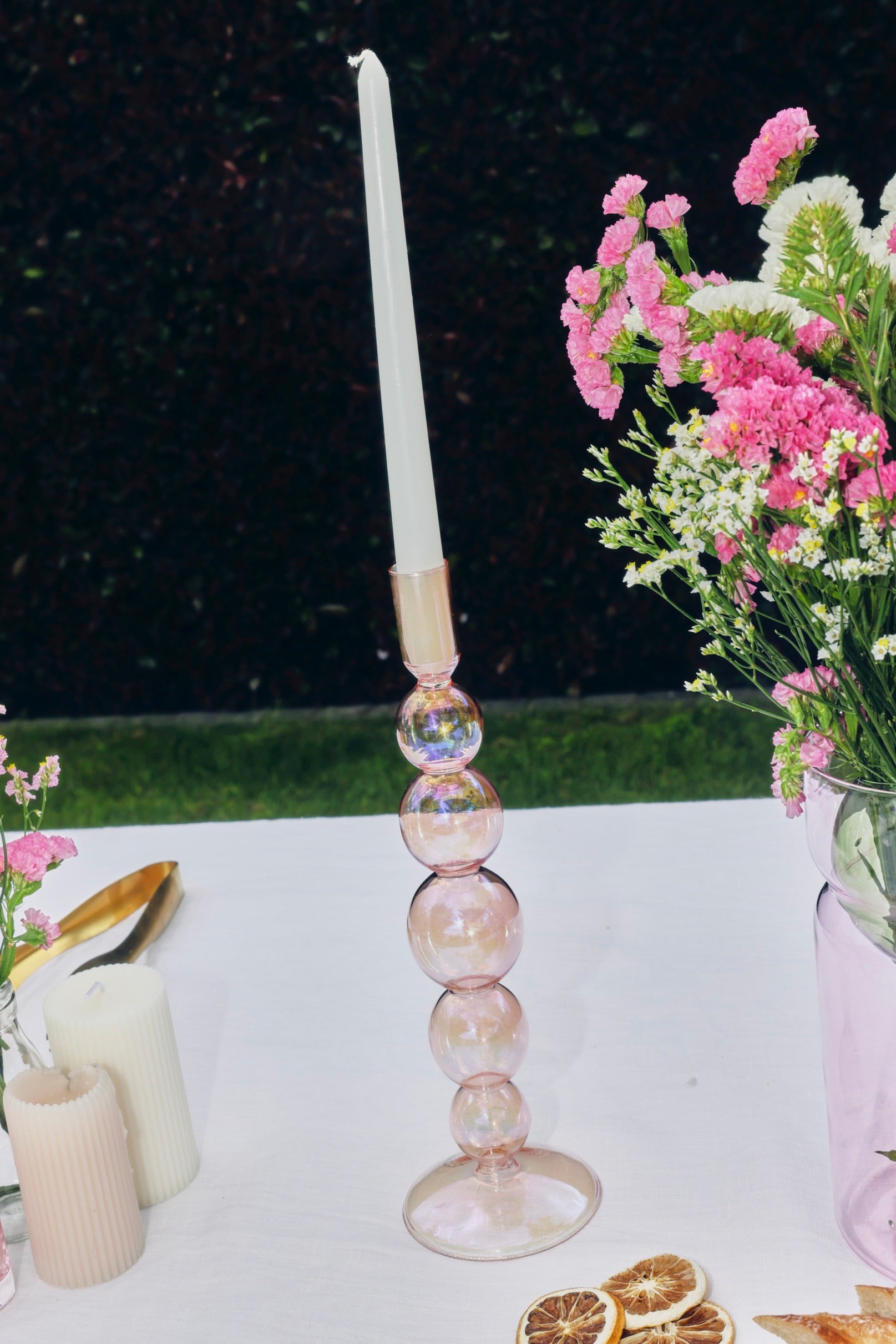 Five Bubble Pearl Pink 30cm Glass Taper Candle Holder - Elegant Home Decor for Weddings, Dining Tables & Romantic Ambiance