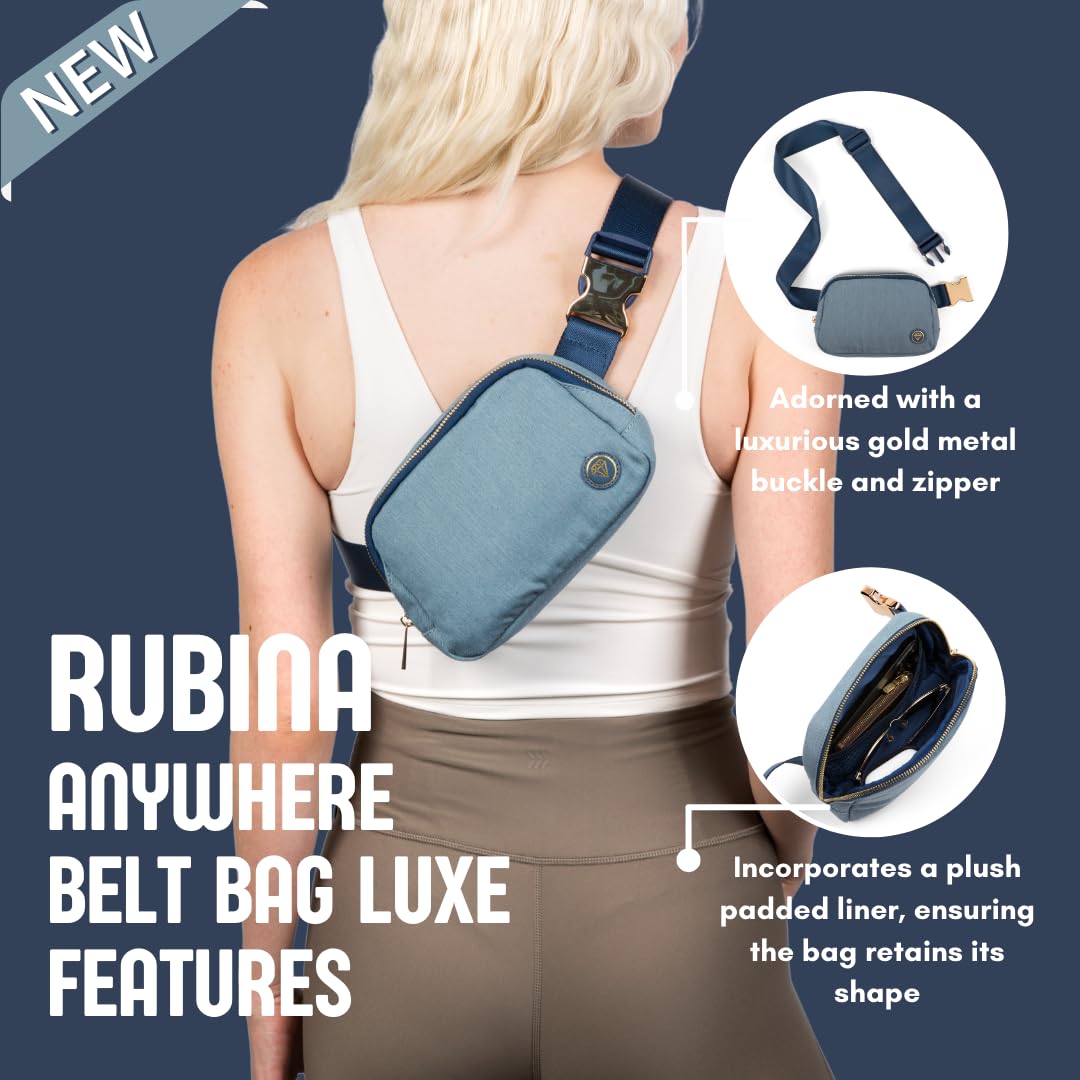Rubina Anywhere Belt Bag LUXE - Adjustable Crossbody Fanny Pack for Women & Men | Water-Resistant Waist Bag for Hiking, Running, Travel, Gym, Workout, Festivals | Chest Bag with Metal Buckle (Blue Jeans) | Perfect for Outdoor Adventures, Daily Commute & Hands-Free Activities