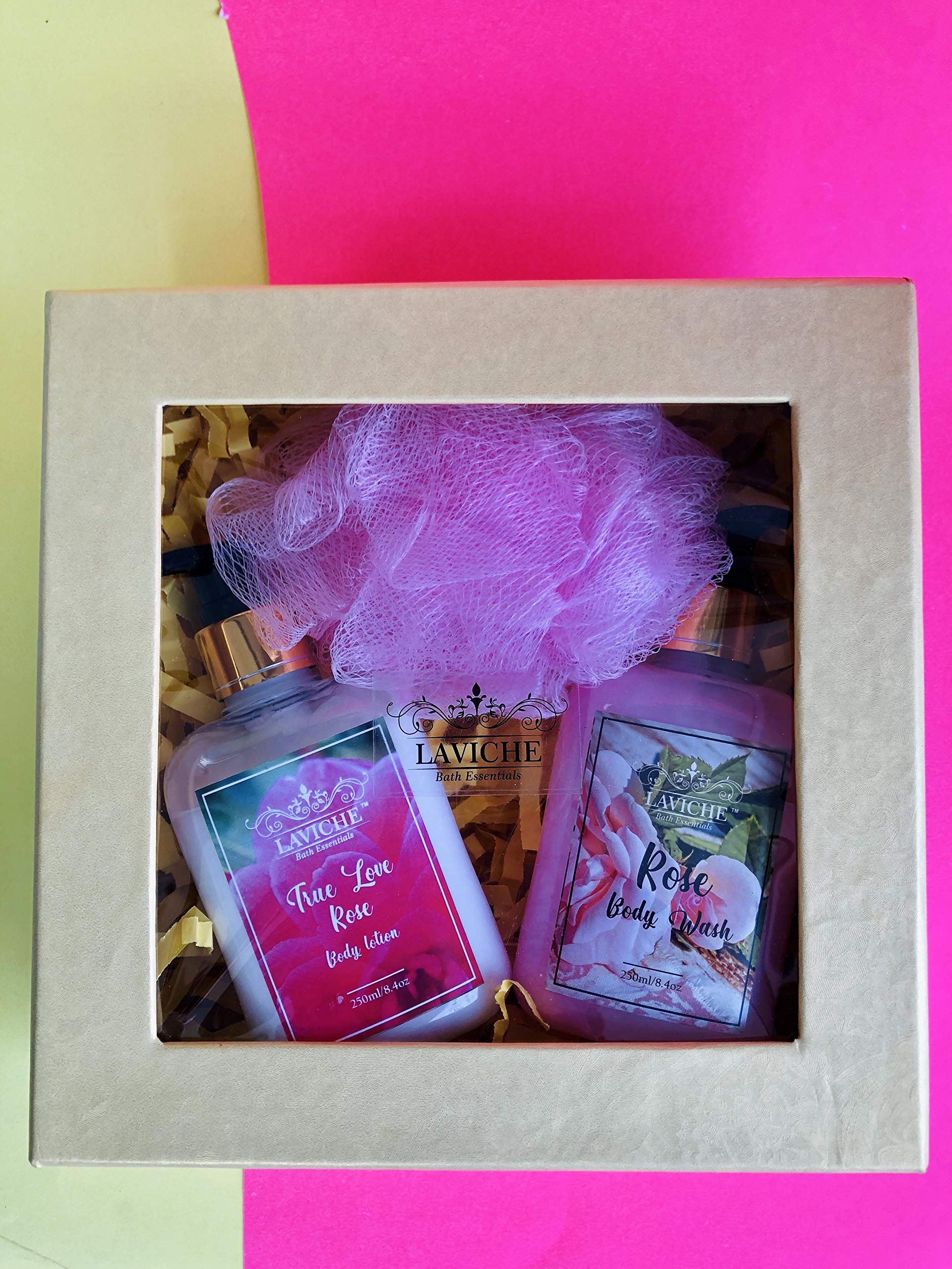 Laviche Rose Bath Gift Set - Rose Scented Body Wash, Body Lotion & Loofah Sponge | Moisturizing Bath & Beauty Kit for All Skin Types | Perfect for Spa Day, Self-Care & Romantic Gifts