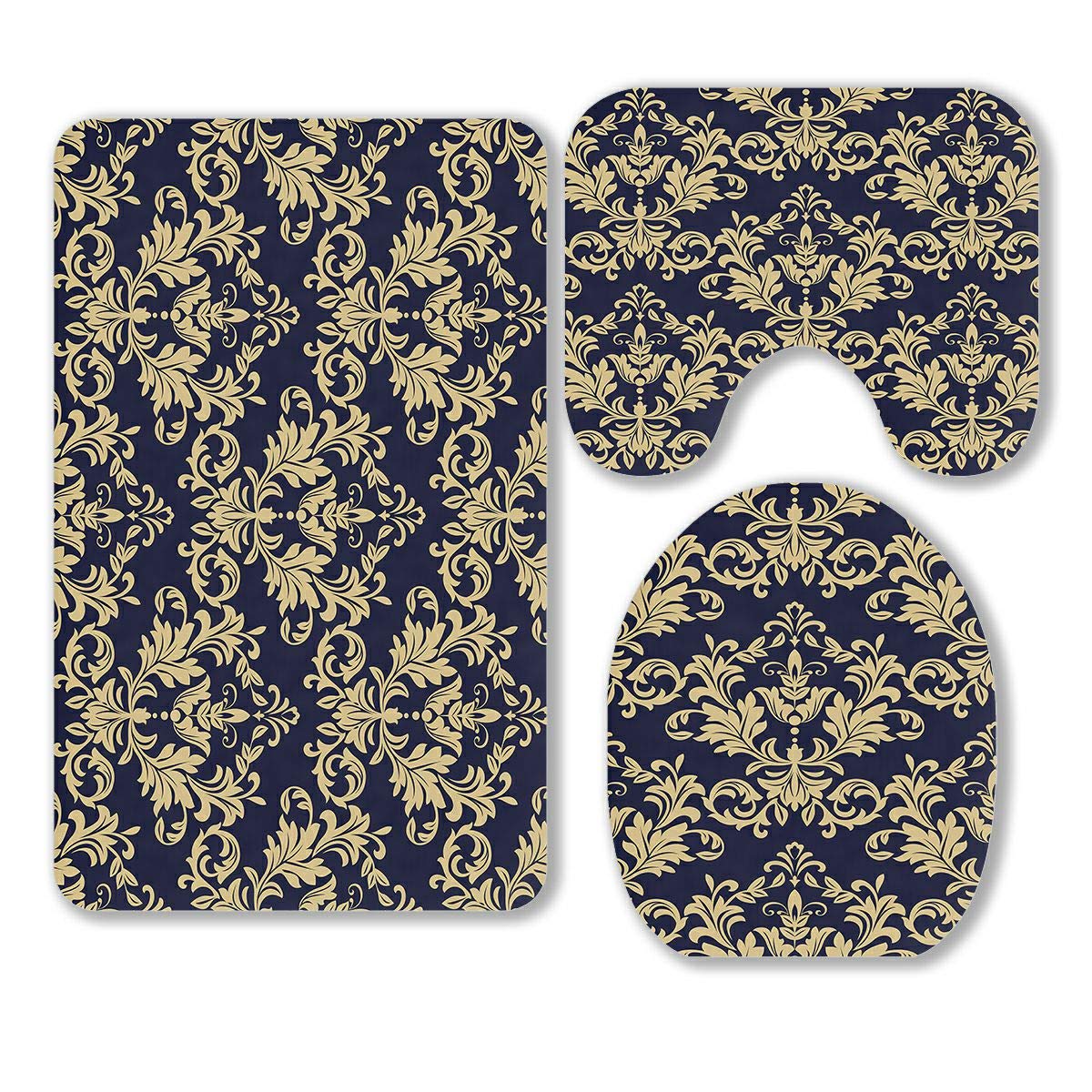 ABPHQTO Floral Baroque Damask 3-Piece Bathroom Rug Set - Gold Black Blue Contour Mat, Toilet Lid Cover | Non-Slip Luxury Bath Mats for Master Bath, Guest Bathroom Decor