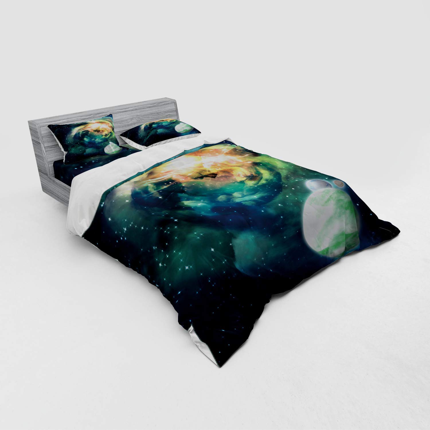 Ambesonne Galaxy Duvet Cover Set - Queen Size 4-Piece Bedding with Shams & Fitted Sheet, Spiral Andromeda Galaxy Print in Teal Blue & Yellow, Space Themed Bedroom Decor for Kids & Adults, Perfect for Sci-Fi Lovers & Astronomy Enthusiasts