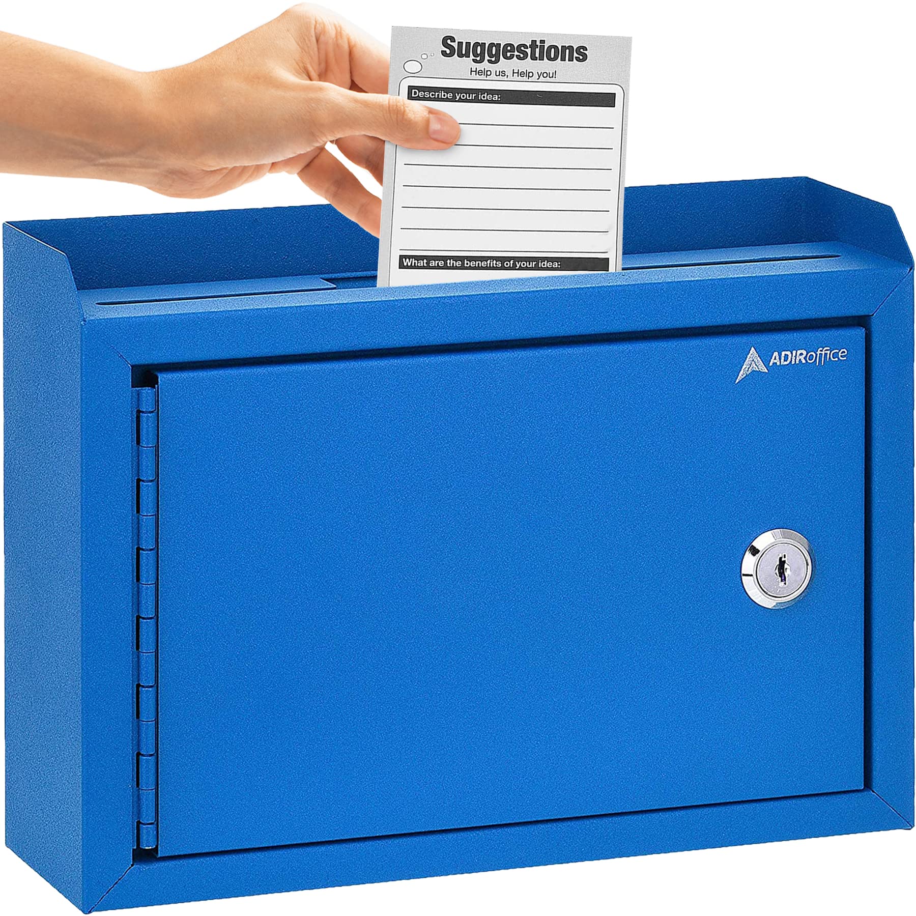 Adir Corp Locking Suggestion Box with Slot - 9.8x7.5x3.4 Inch Wall Mount Metal Deposit Box for Cash, Donations & Feedback - Secure Drop Box for Offices, Retail Stores & Public Spaces (Blue)