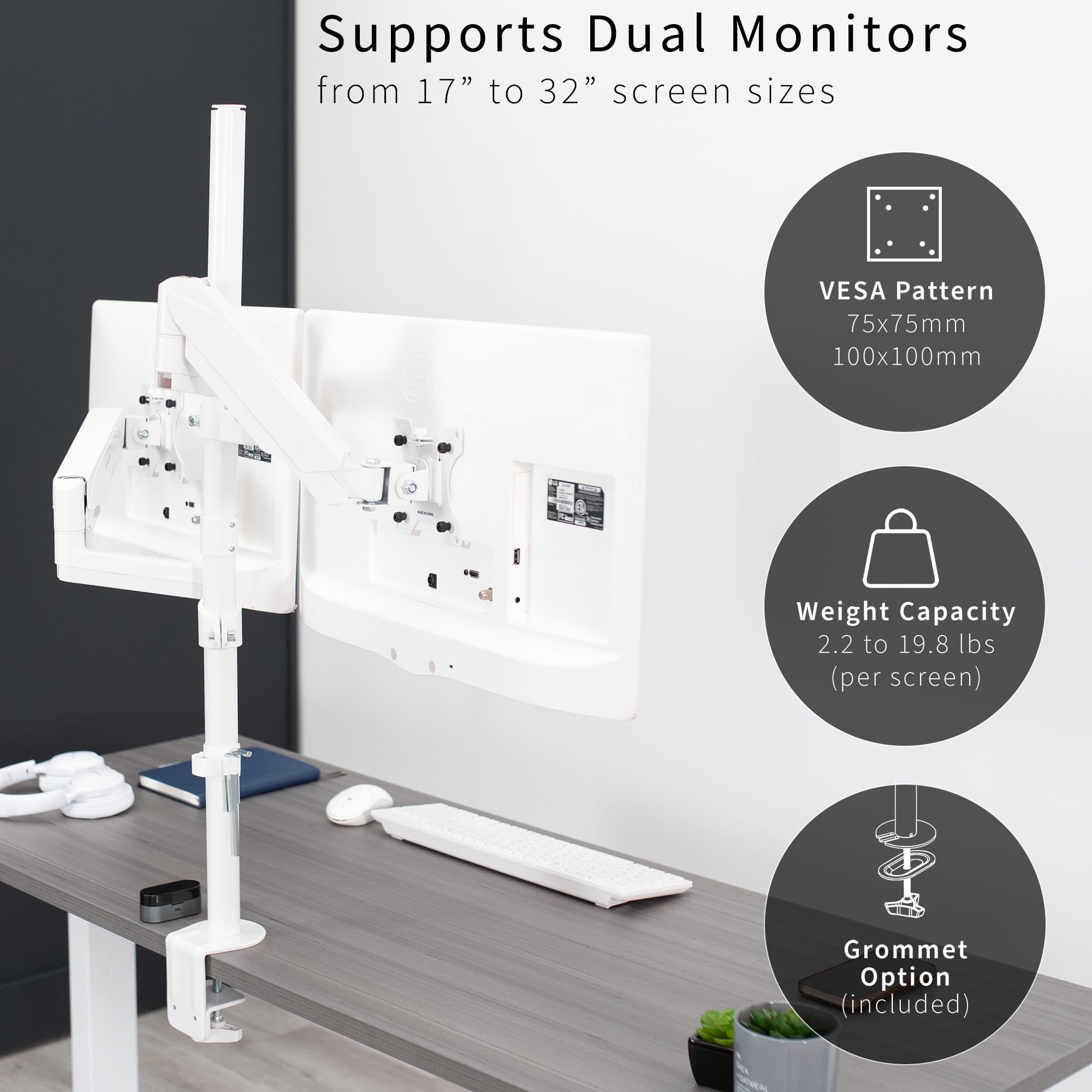VIVO Dual Monitor Arm Stand for 32 inch Screens - Extra Tall Pneumatic Height Adjustable Heavy Duty VESA Mount with Full Motion Articulation, C-Clamp & Grommet Base (White, STAND-V012KW) - Perfect for Home Office, Gaming Setup & Workspace Ergonomics