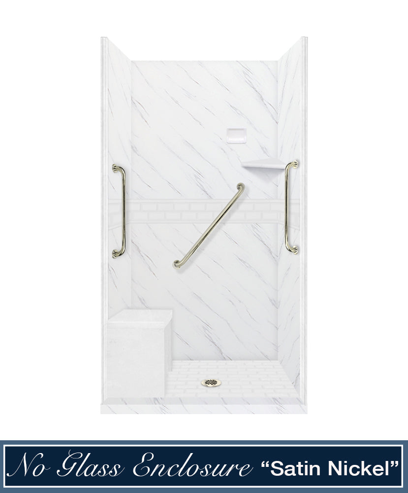 Freedom 60 Alcove DIY Shower Remodel Kit - Carrara Marble & Subway Stone Accent Wall Panel for Bathroom Renovation | Waterproof & Easy Installation | Perfect for Modern Home Upgrades