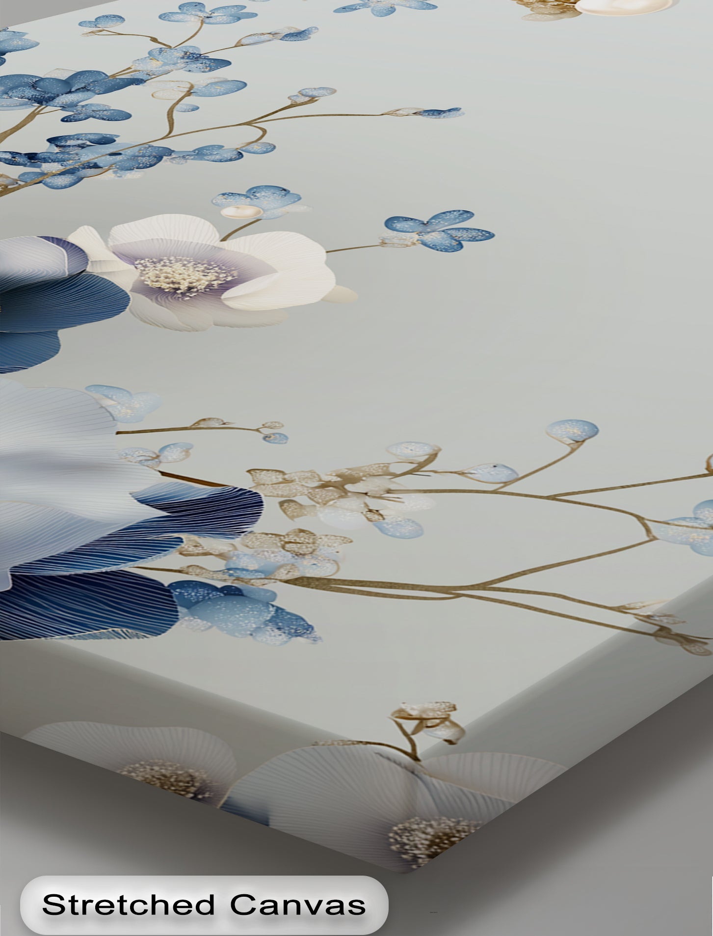 Blue and Ivory Floral Fantasy with Pearls Canvas Wall Art - Elegant Home Decor for Living Room, Bedroom & Office