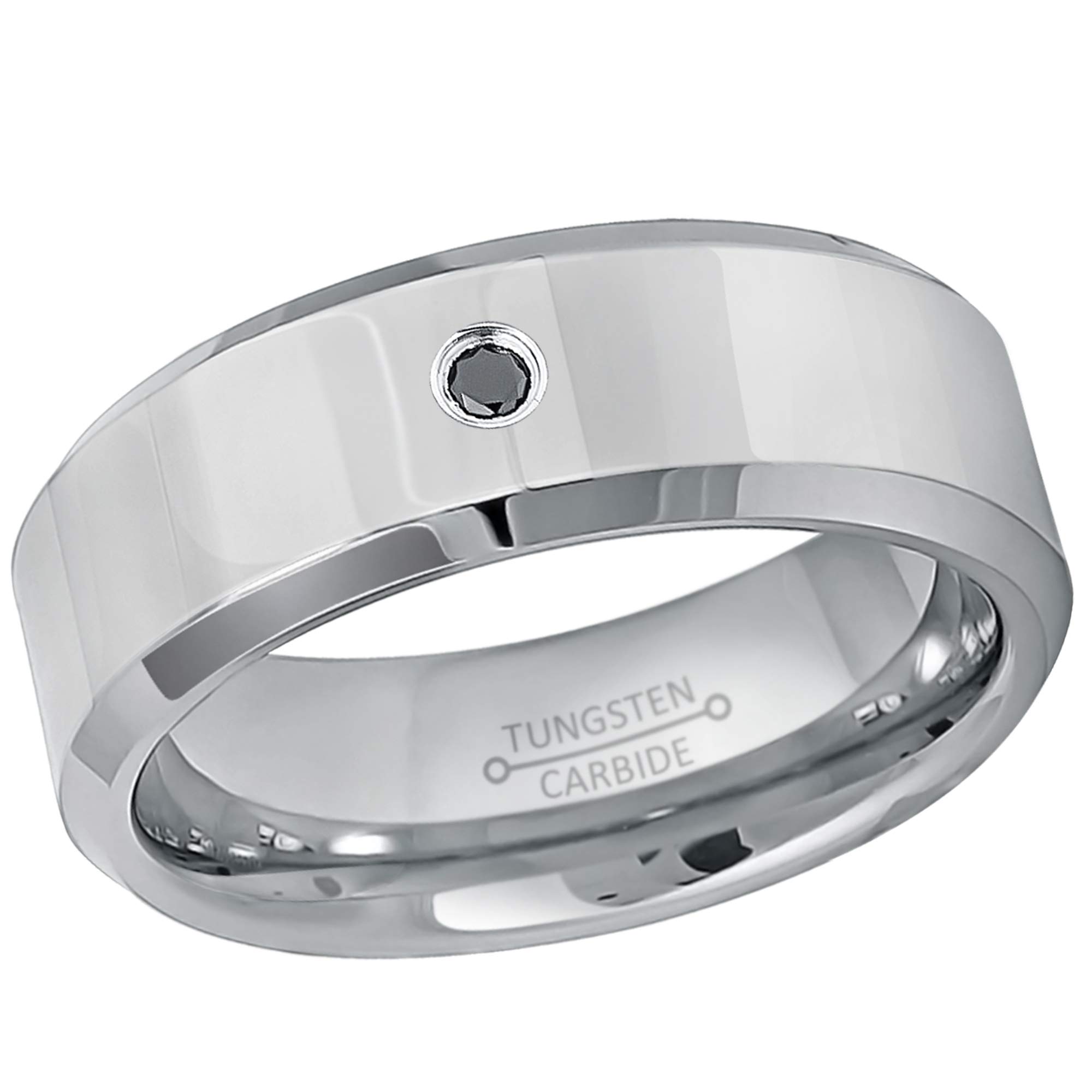 0.05ct Black Diamond Tungsten Ring for Men - 8mm Polished Beveled Tungsten Carbide Wedding Band, Anniversary Ring, Durable & Scratch Resistant - Perfect for Weddings, Engagements & Special Occasions