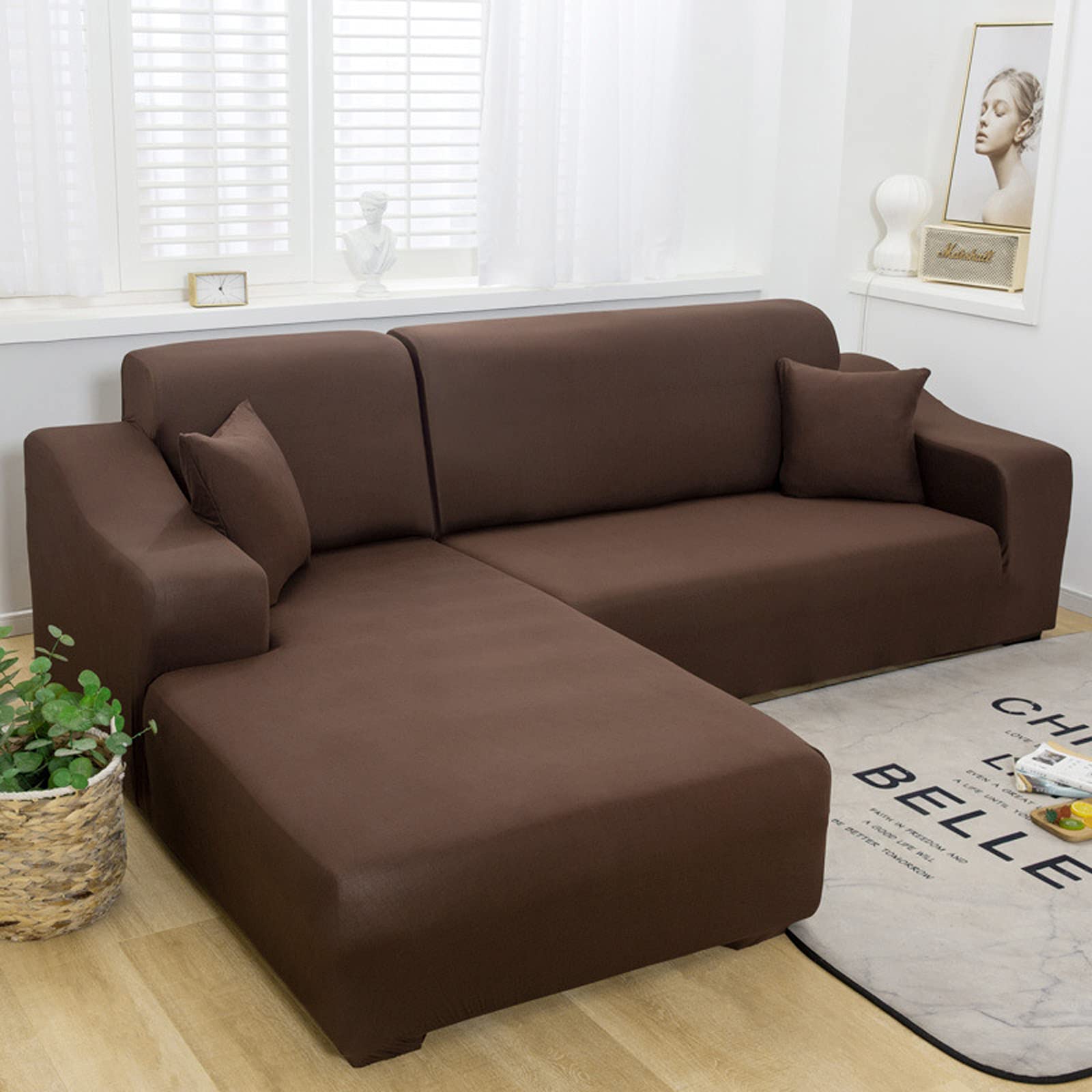 L-Shaped Elastic Sectional Sofa Cover - Non-Slip Furniture Protector for 4+4 Seat Couch, Washable & Durable Chaise Lounge Covers in Brown | Perfect for Living Room, Family Room & Home Theater Seating