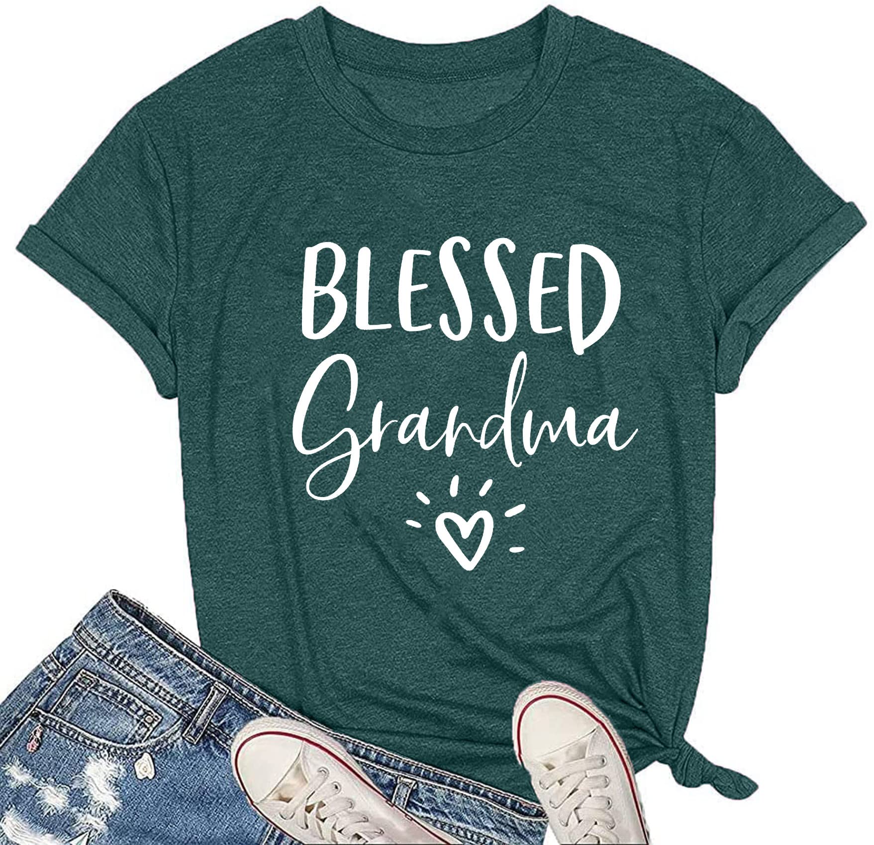 Blessed Grandma T-Shirt for Women - Heart Graphic Tee - Comfortable Cotton Top - Perfect Gift for Grandmothers (Green) - Ideal for Family Gatherings, Mother's Day & Birthday Celebrations