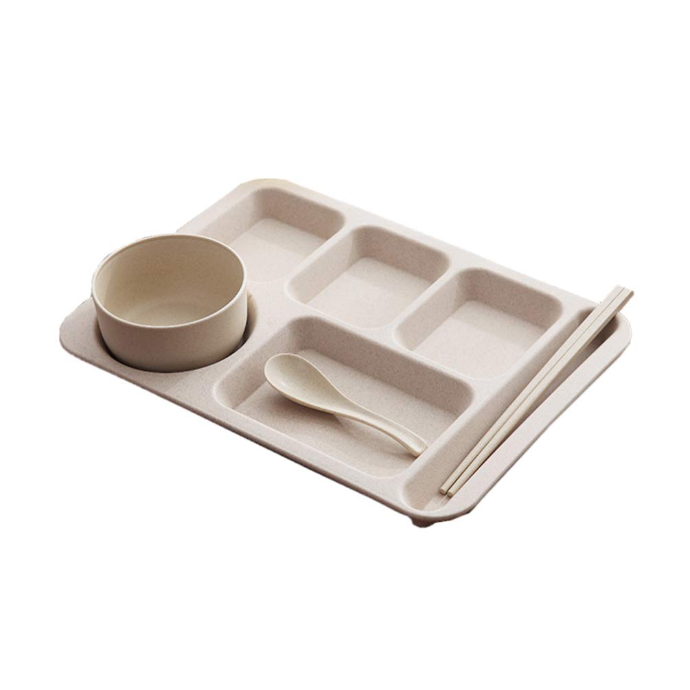 Eco-Friendly Wheat Straw Divided Plates - 5-Section Beige Dinner Tray with Bowl, Spoon & Chopsticks | BPA-Free Portion Control Tableware for Kids & Adults | Perfect for School Lunches, Picnics, and Family Dinners