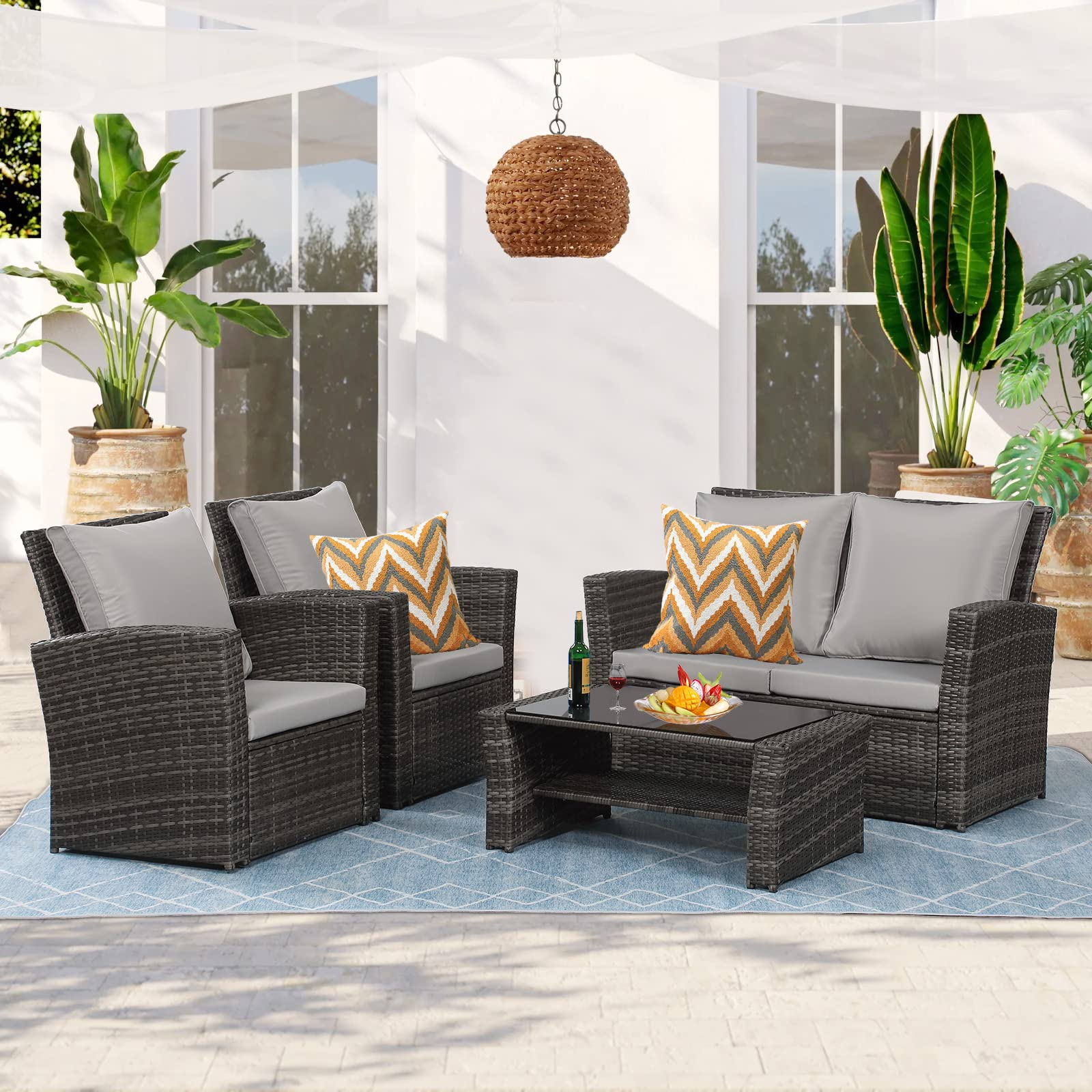 4-Piece All-Weather Wicker Patio Furniture Set - Outdoor Rattan Sectional Sofa with Cushions & Coffee Table - Grey Conversation Set for Balcony, Garden, Backyard - Perfect for Relaxing & Entertaining Outdoors