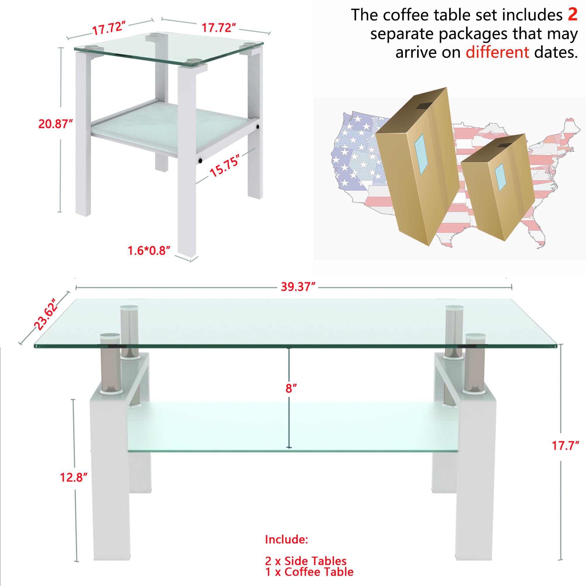 Modern Glass Coffee Table Set of 3 - Living Room End Tables with Storage, Black Metal Leg Rectangle Center Table - Tempered Glass Sofa Side & Corner Tables for Home Decor (White) | Perfect for Small Spaces, Apartments & Contemporary Living Rooms