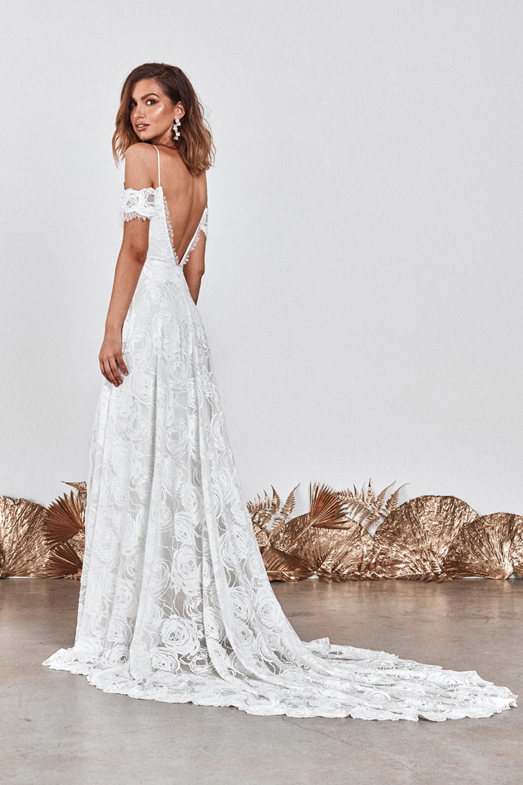 Off The Shoulder A-Line Lace Boho Wedding Dress Long Bridal Gown with Slit - Elegant Beach, Garden & Destination Wedding Gown for Bride