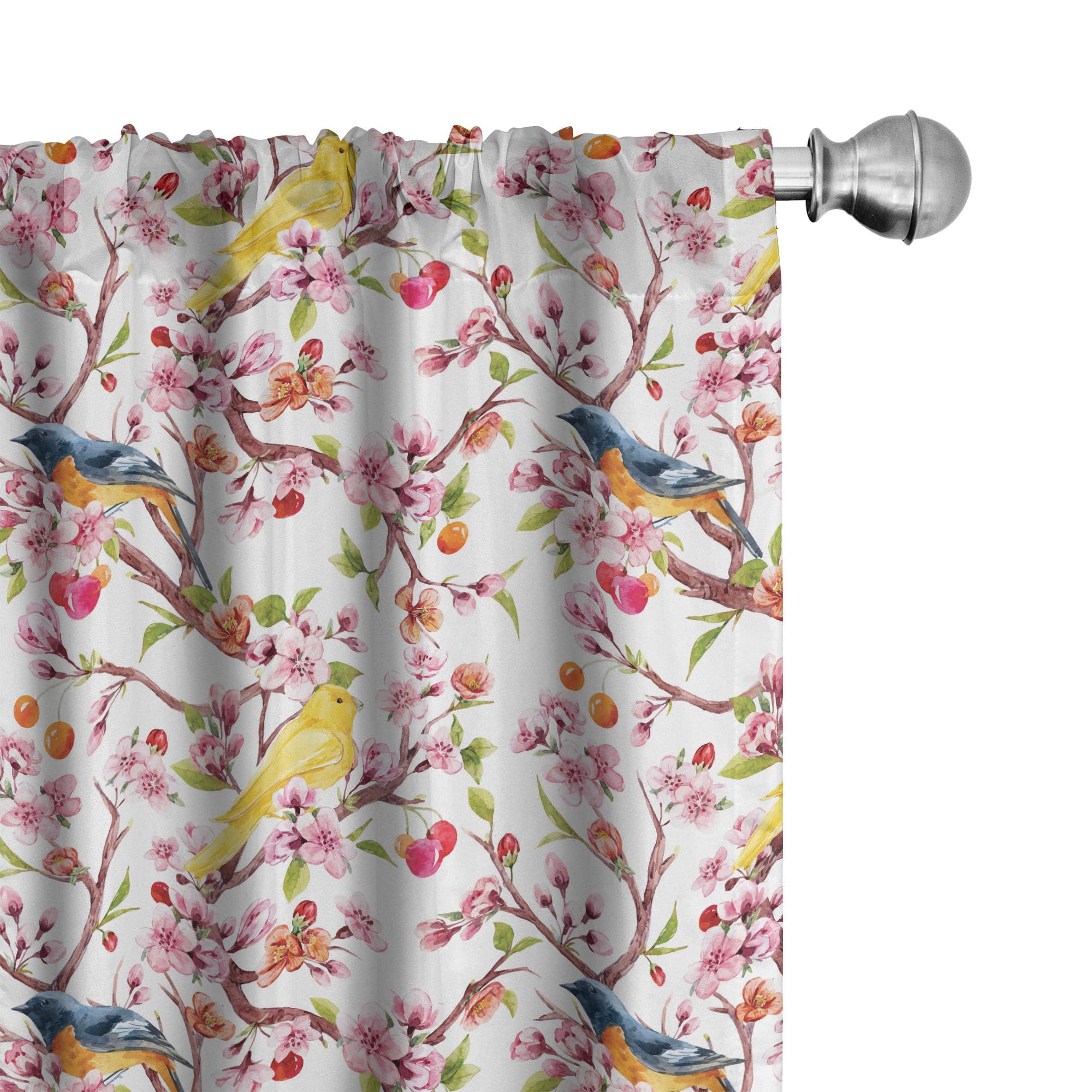 Ambesonne Spring Floral Curtains - Watercolor Sakura Cherry Blossom & Birds Design, 2 Panel Window Treatments for Living Room & Bedroom, 28