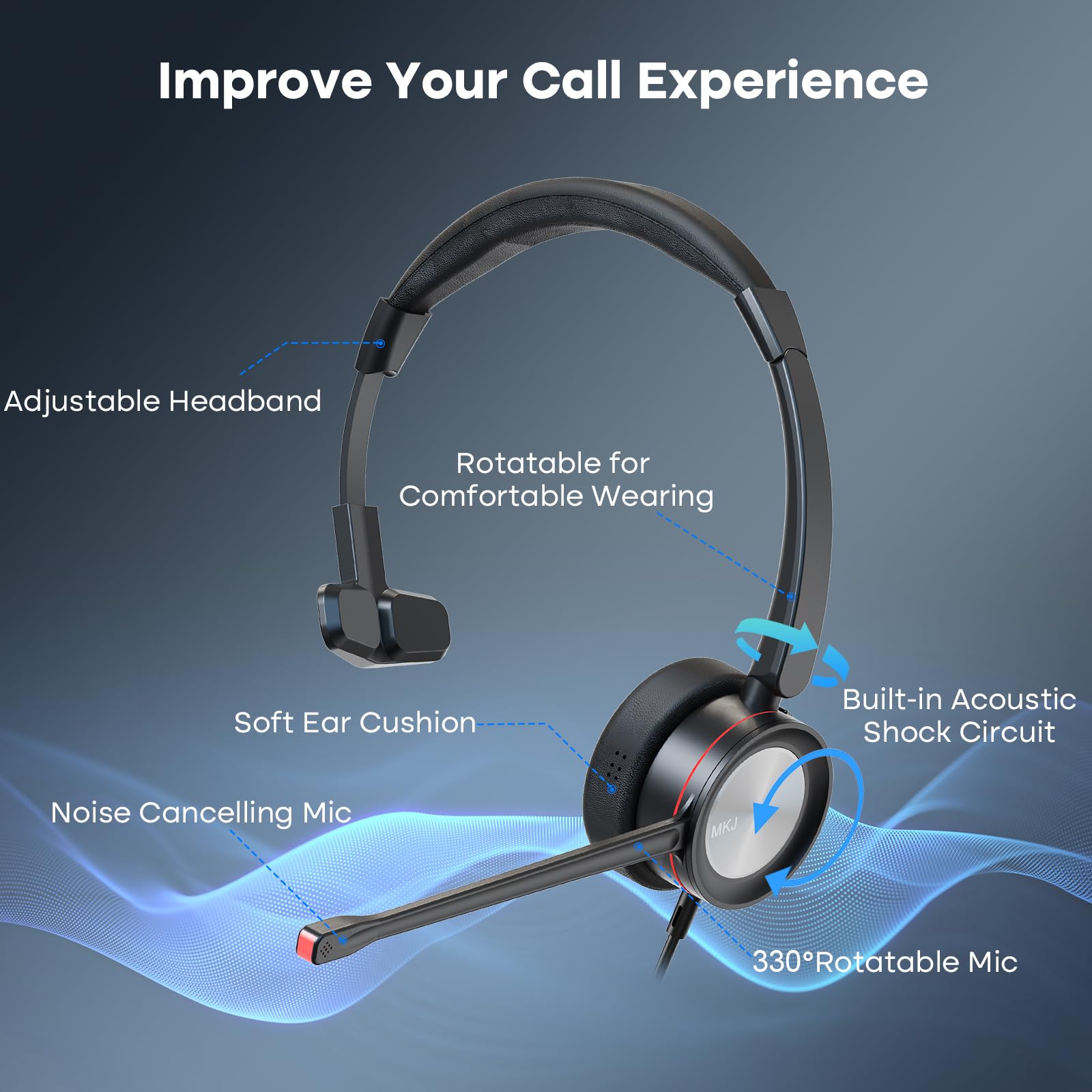 MKJ Noise Cancelling Telephone Headset with RJ9 Connector - Compatible with Avaya 1408, Polycom, Aastra 6573i & Fanvil Landline Phones - Perfect for Call Centers, Office Communication & Remote Work