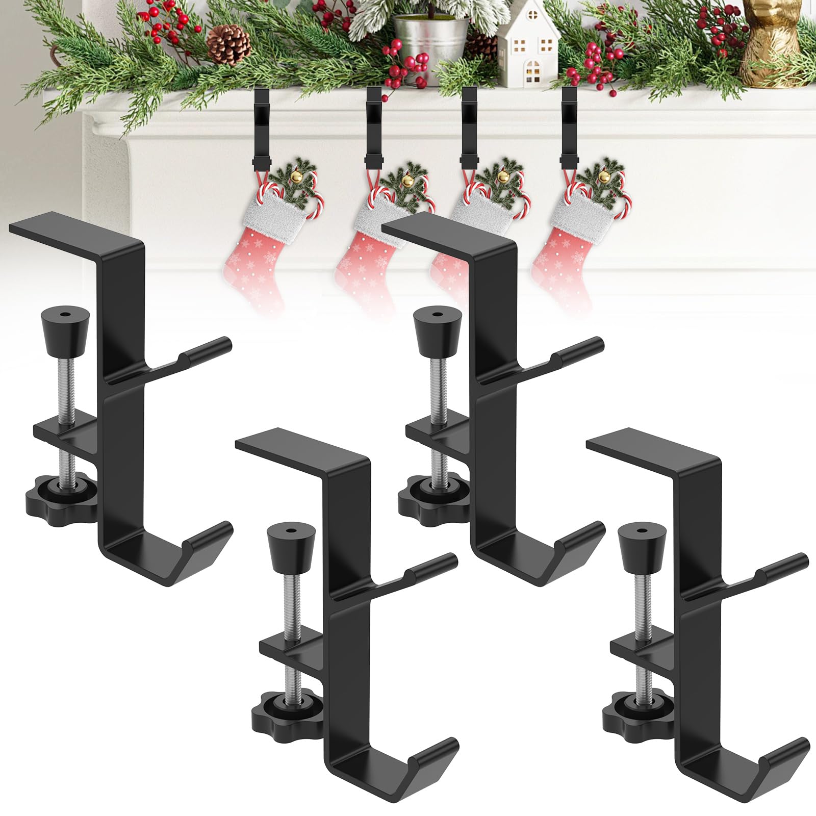 4Pcs Heavy Duty Fireplace Stocking & Garland Hangers - Adjustable Brick Hooks (0.3