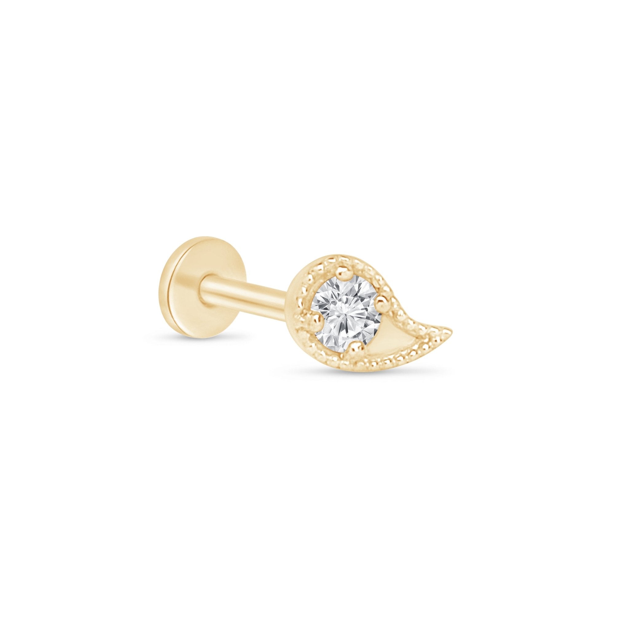 14K Solid Yellow Gold Diamond Paisley Flat Back Stud Earrings with Milgrain Detailing - Perfect for Weddings, Parties & Everyday Elegance