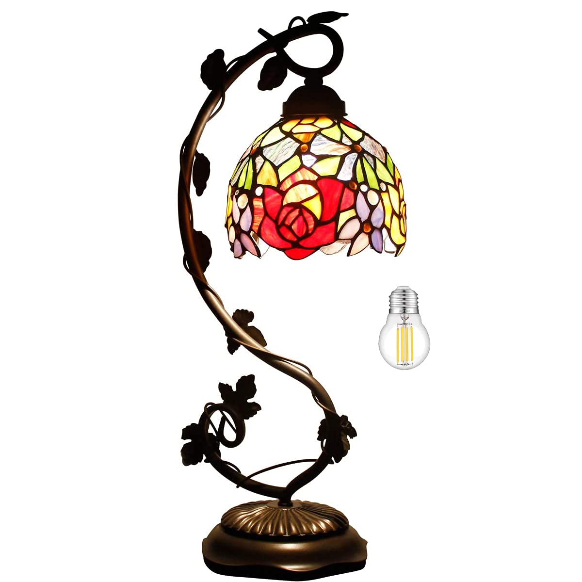 WERFACTORY Tiffany Style Table Lamp - Red Rose Stained Glass Desk Light with Metal Leaf Base, 6x10x21 Inches, Perfect for Reading, Bedroom, Home Office, and Small Space Decor (S001 Series)