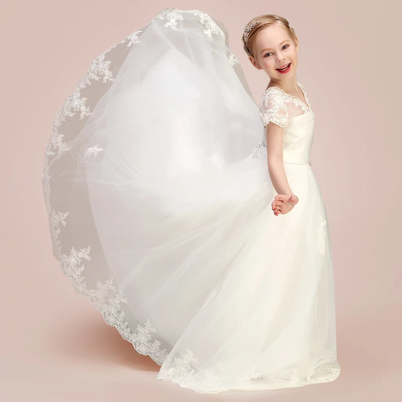 White Princess Tulle Lace Junior Dress for Girls - Short Sleeve Flower Girl Dress for Weddings, Parties & Special Occasions | Perfect for Birthday Celebrations, Pageants & Formal Events