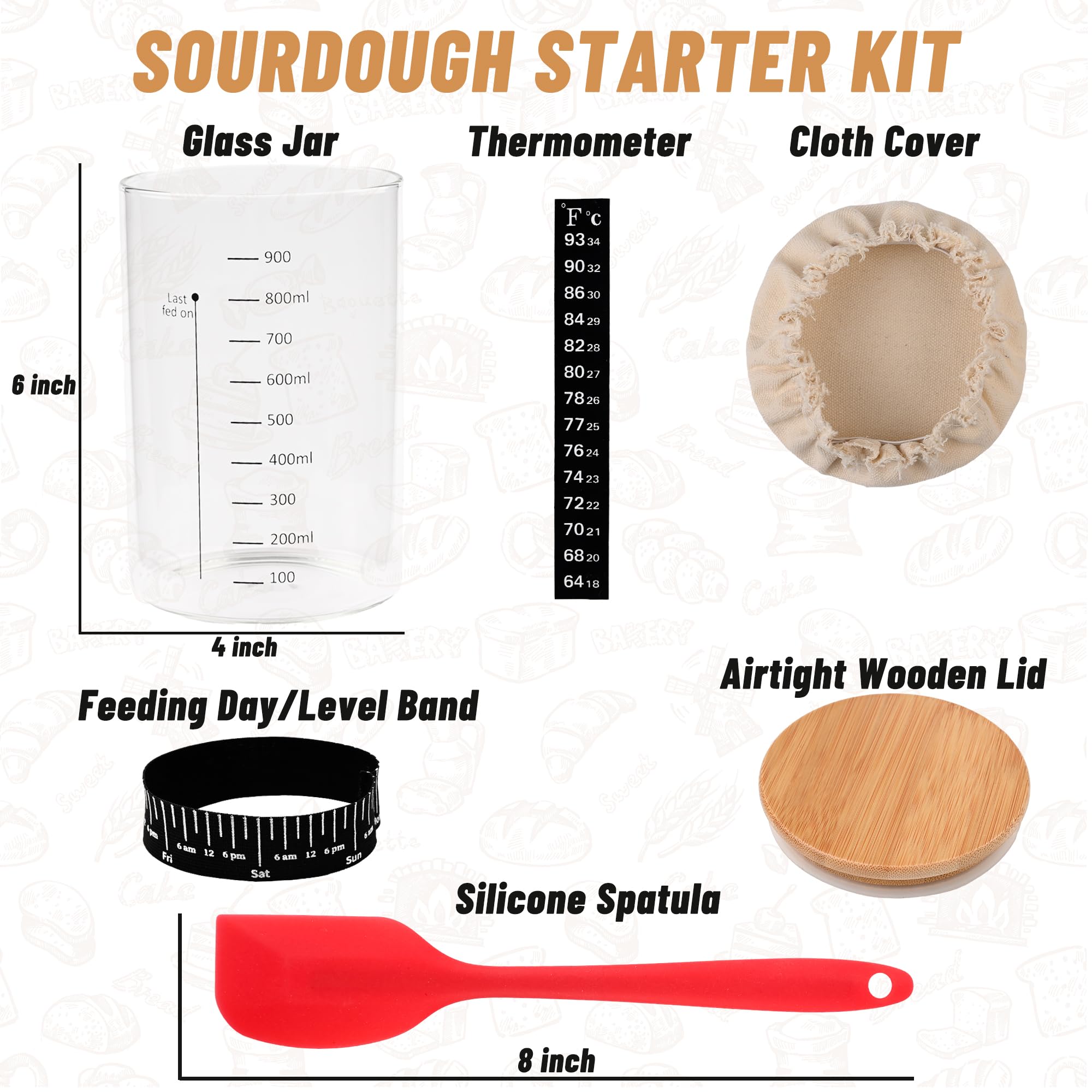 Premium Sourdough Starter Kit - 35oz Glass Jar with Date Marked Feeding Band, Thermometer, Spatula & Cloth Cover - Perfect for Homemade Sourdough Bread Baking - Ideal for Beginners & Bakers - Great Gift for Bread Lovers