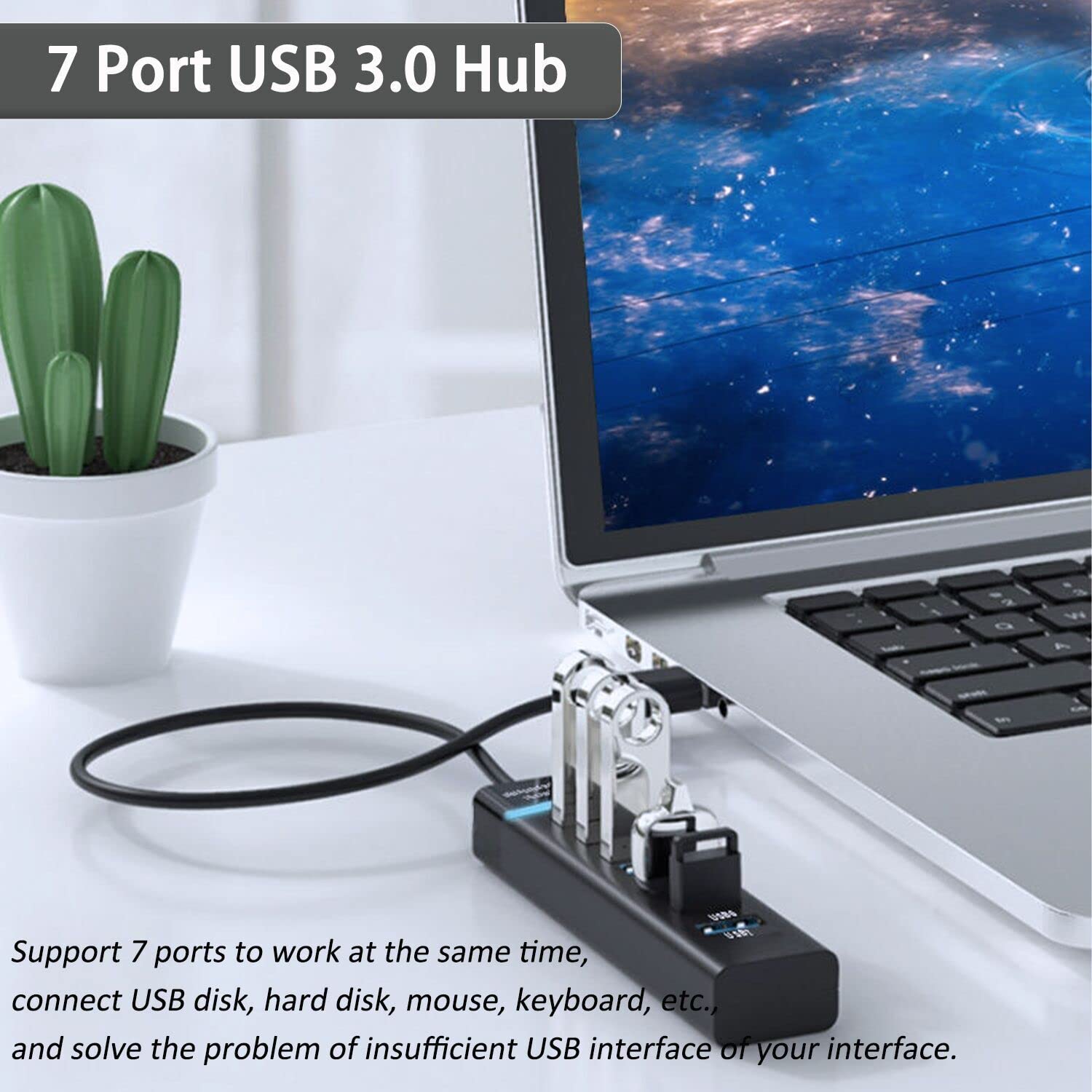 VIENON 7-Port USB 3.0 Hub with 4FT Cable - High-Speed Data Transfer for Laptop, PC, MacBook, iMac, Surface Pro | Perfect for Home Office, Gaming Setup & Multiple Device Charging