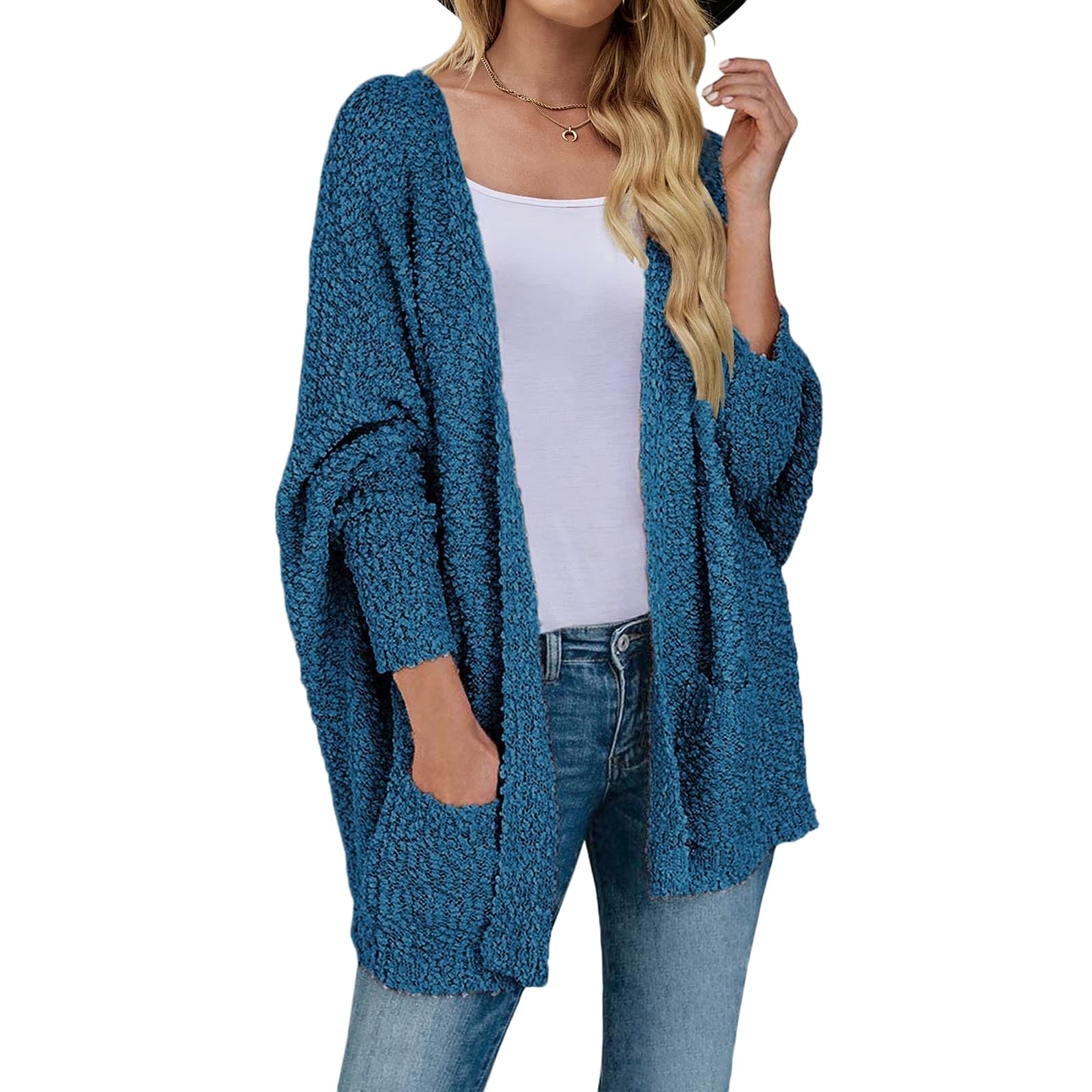 Women's Chunky Popcorn Knit Cardigan - Open Front Long Sleeve Oversized Fuzzy Sweater Coat with Pockets | Cozy Winter Loungewear & Casual Outfit Essential