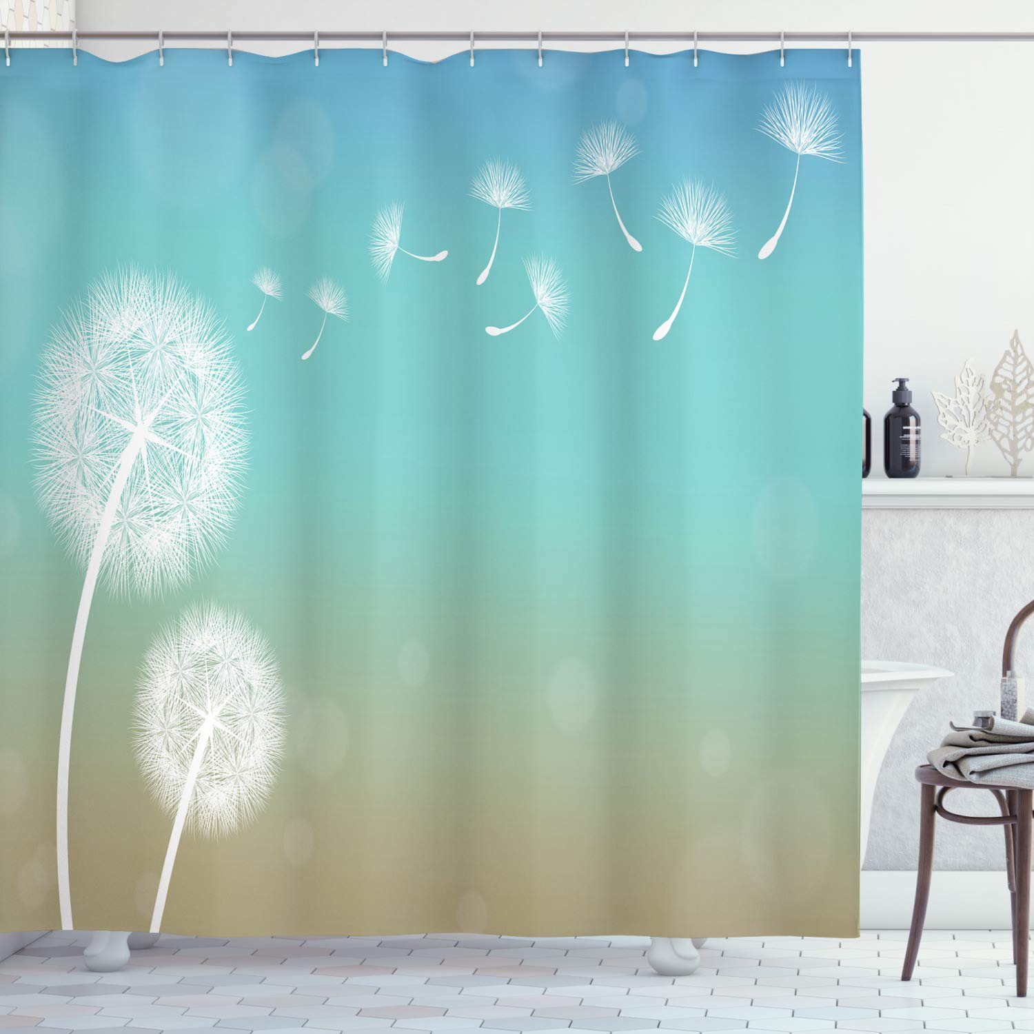 Ambesonne Dandelion Shower Curtain - Blowball Flowers Design, 69x84 Inch Turquoise Tan White Fabric Bathroom Decor with Hooks | Nature Inspired Bathroom Set for Modern Home, Spa-Like Shower Experience