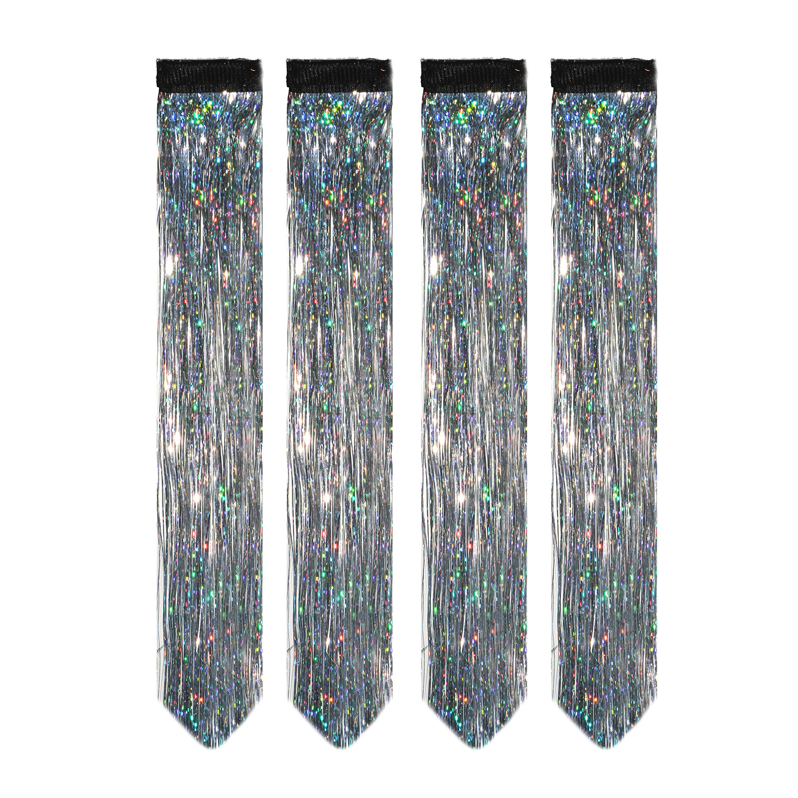 Paradise® Glitter Hair Streaks Extensions - 4 Piece Silver Hair Highlights for Women & Girls | Perfect for Parties, Festivals & Cosplay
