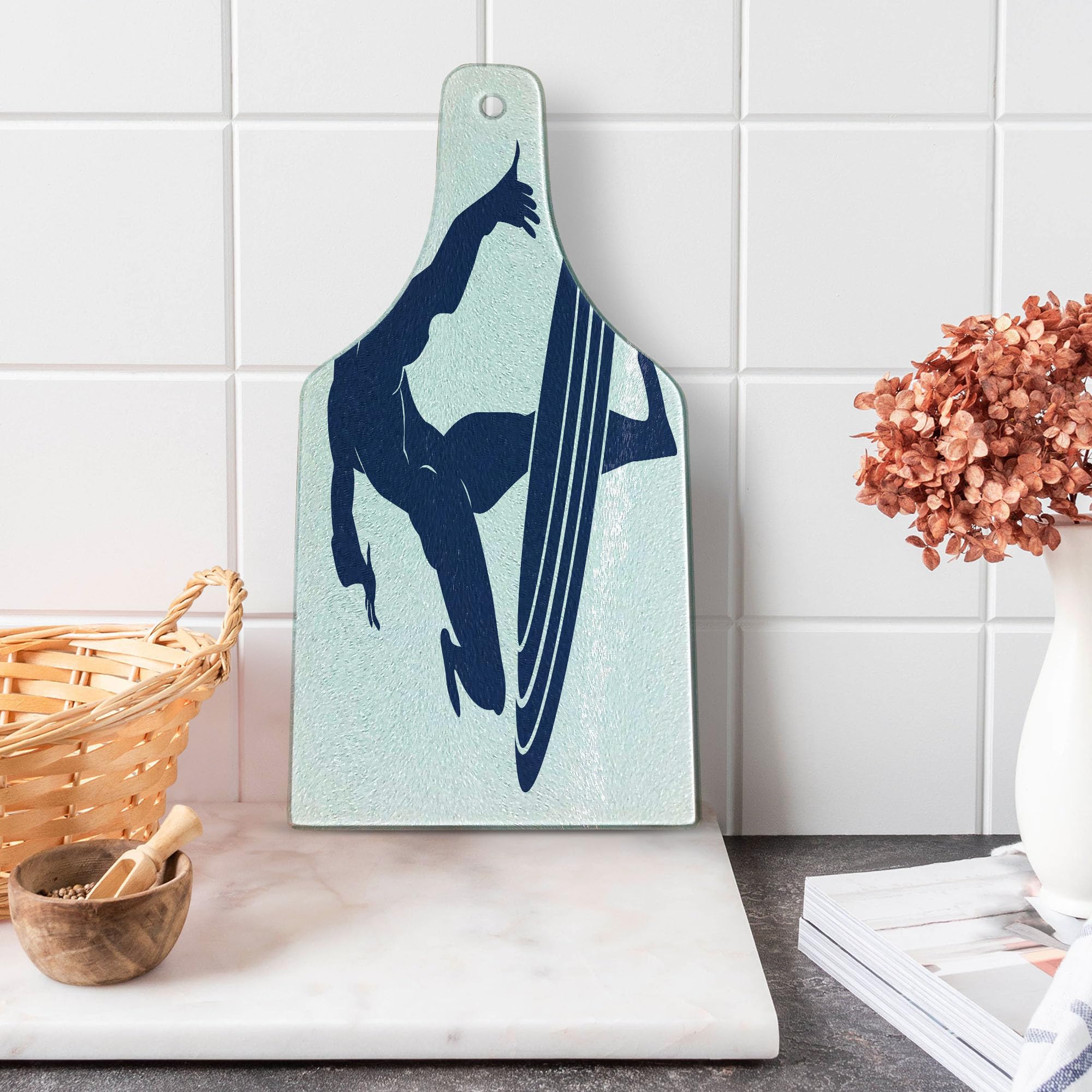 Ambesonne Superhero Themed Tempered Glass Cutting Board - Muscle Man Frisbee Silhouette Design, White & Navy Blue - Perfect for Serving Charcuterie, Cheese, and Wine at Parties