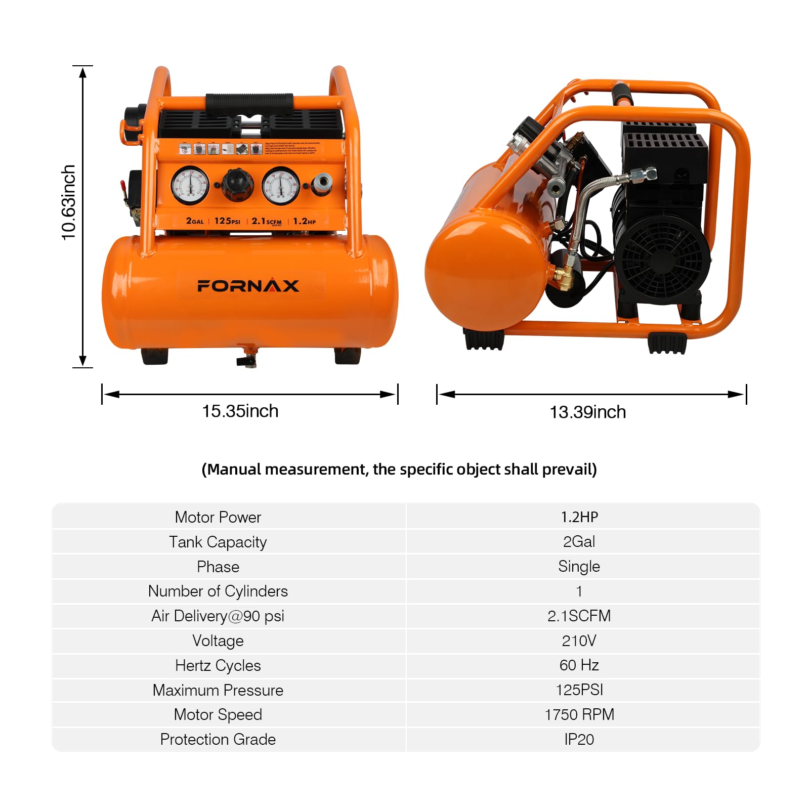 FORNAX 2 Gallon Portable Air Compressor - 1.2 HP, 2.1 SCFM @ 90 PSI, Oil-Free, 135 PSI Max Pressure, 65 dB Quiet - Perfect for Auto Repair, Tire Inflation, Airbrushing, Nailing & DIY Projects