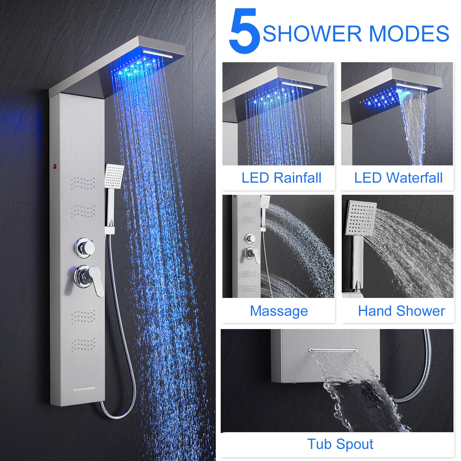 5-in-1 Stainless Steel Shower Panel Tower System with LED Lights - Rainfall Shower Head, Waterfall, Body Spray, Handheld Shower & Tub Spout (Brushed Nickel) | Perfect for Modern Bathroom Renovation & Spa-Like Shower Experience