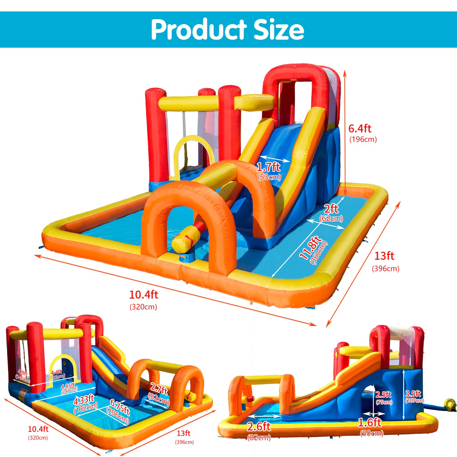Baralir Inflatable Bounce House Water Park with Long Slide & Splash Pool for 5 Kids - Outdoor Backyard Summer Fun with Cave, Tunnel & Water Cannon for Birthday Parties, Family Gatherings & Kids Playtime