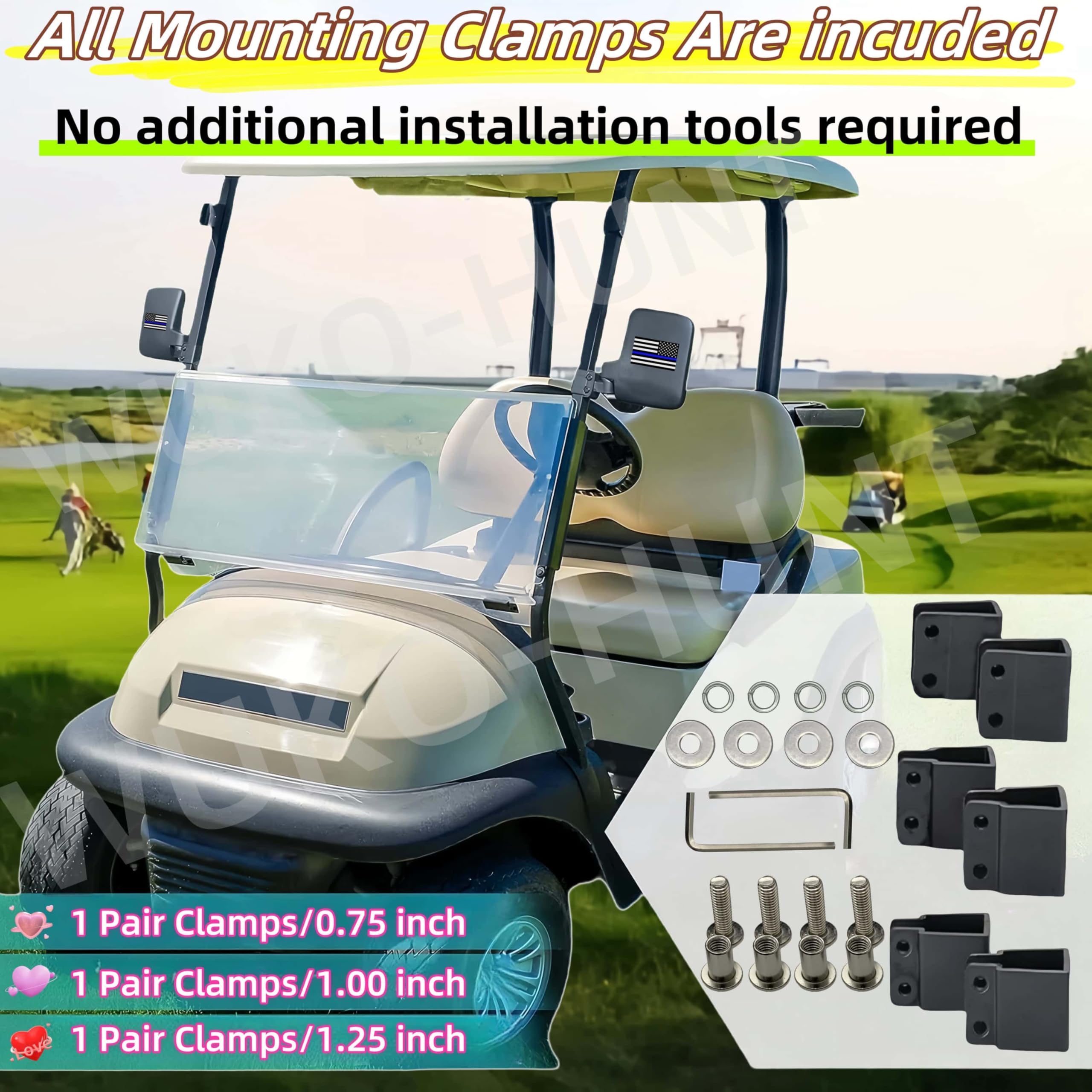WUKO HUNT Golf Cart Mirrors (2025 Upgrade) - No Drill Side Mirrors for Club Car, EZGO & Yamaha Golf Carts - 180° Adjustable Folding Rear View Mirrors with Shatterproof HD Glass - Perfect for Golf Courses, Resorts & Gated Communities